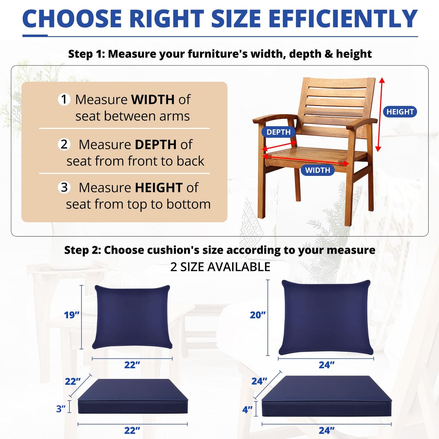 Fabuday Outdoor Chair Cushions Set - 24 x 24 Inch Waterproof & Fade Resistant Patio Furniture with Removable Cover Deep Seat & Back Pillow with Ties Replacement for Sunbrella Outside Sofa Couch Blue