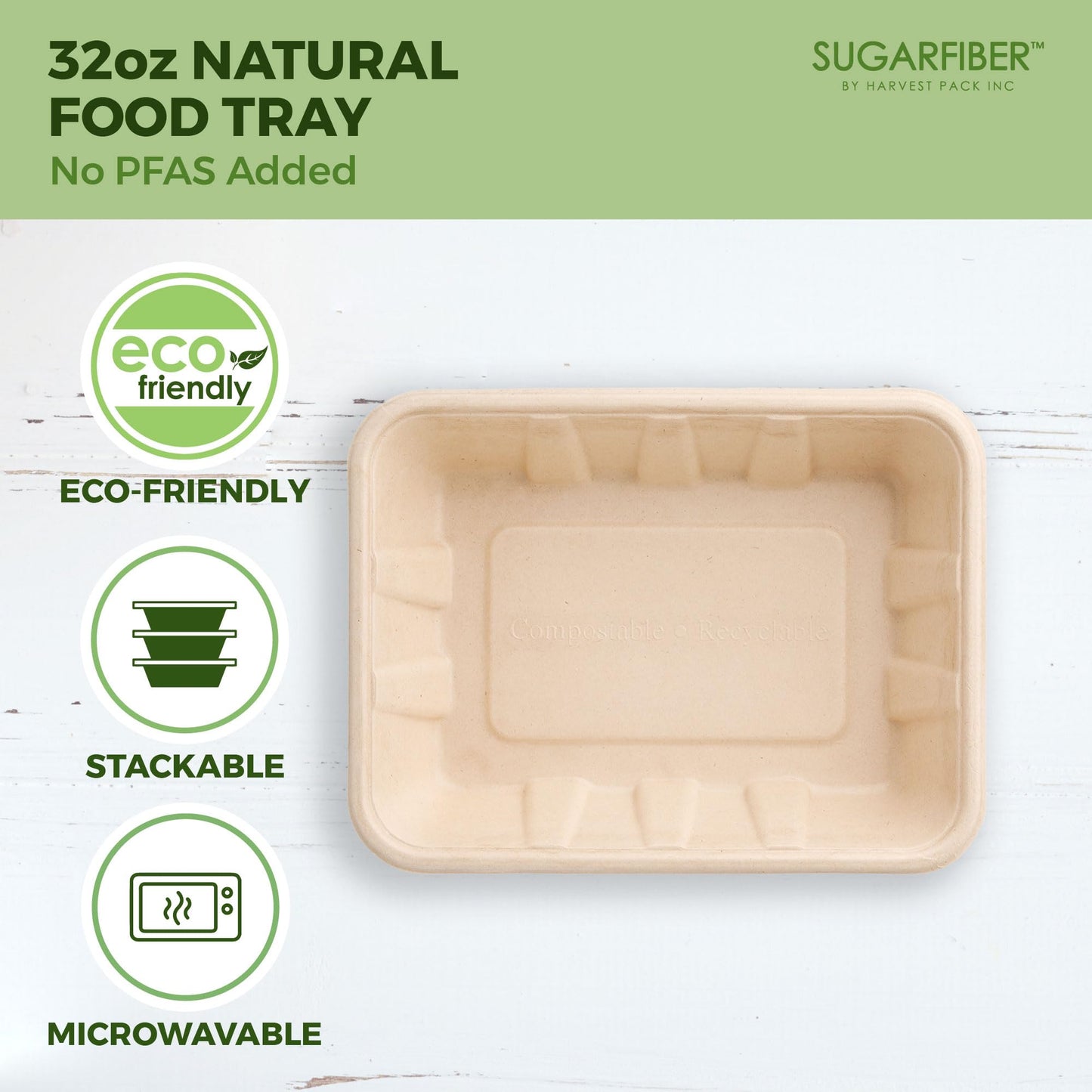 [100 COUNT]Harvest Pack 32 oz Compostable Food Trays, 8.49" x 6.45" x 1.86" Disposable PFAS FREE Food Container, Bagasse Rectangle Paper Plates, Sugarcane Eco-Friendly Plant Fibers, No Lids included