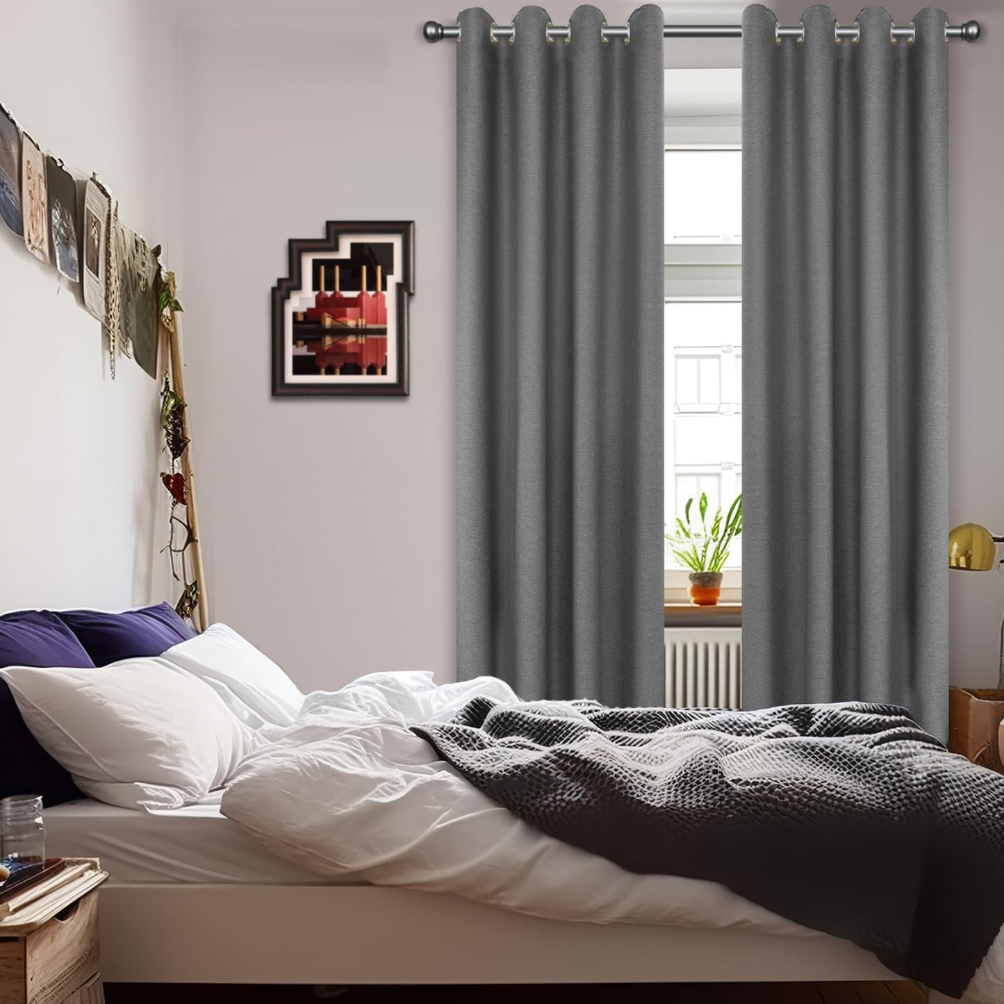 JIVINER 2 Panel Set Linen Blackout Curtains for Bedroom Living Room Darkening Curtains Grommet Thermal Insulated 84 inch Window Drapes Panels (Dark Gray, W52 X L84,2 Panels)