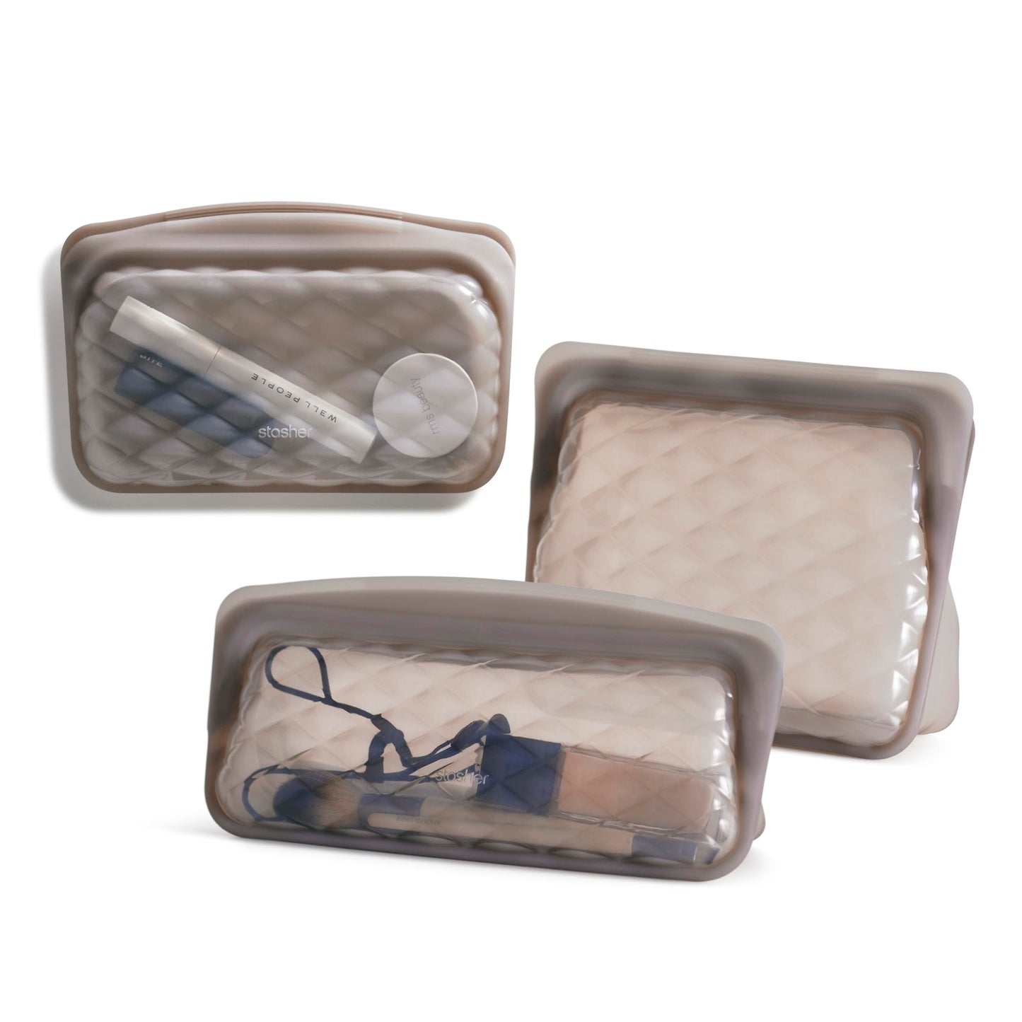 Stasher Premium Silicone Reusable Makeup Bags 3-Pack, Taupe, Beauty & Travel Toiletry Bag, Storage Bag Organizer, Dishwasher & Heat Safe, TSA Friendly, BPA Free, Leak-Free, Eco Friendly