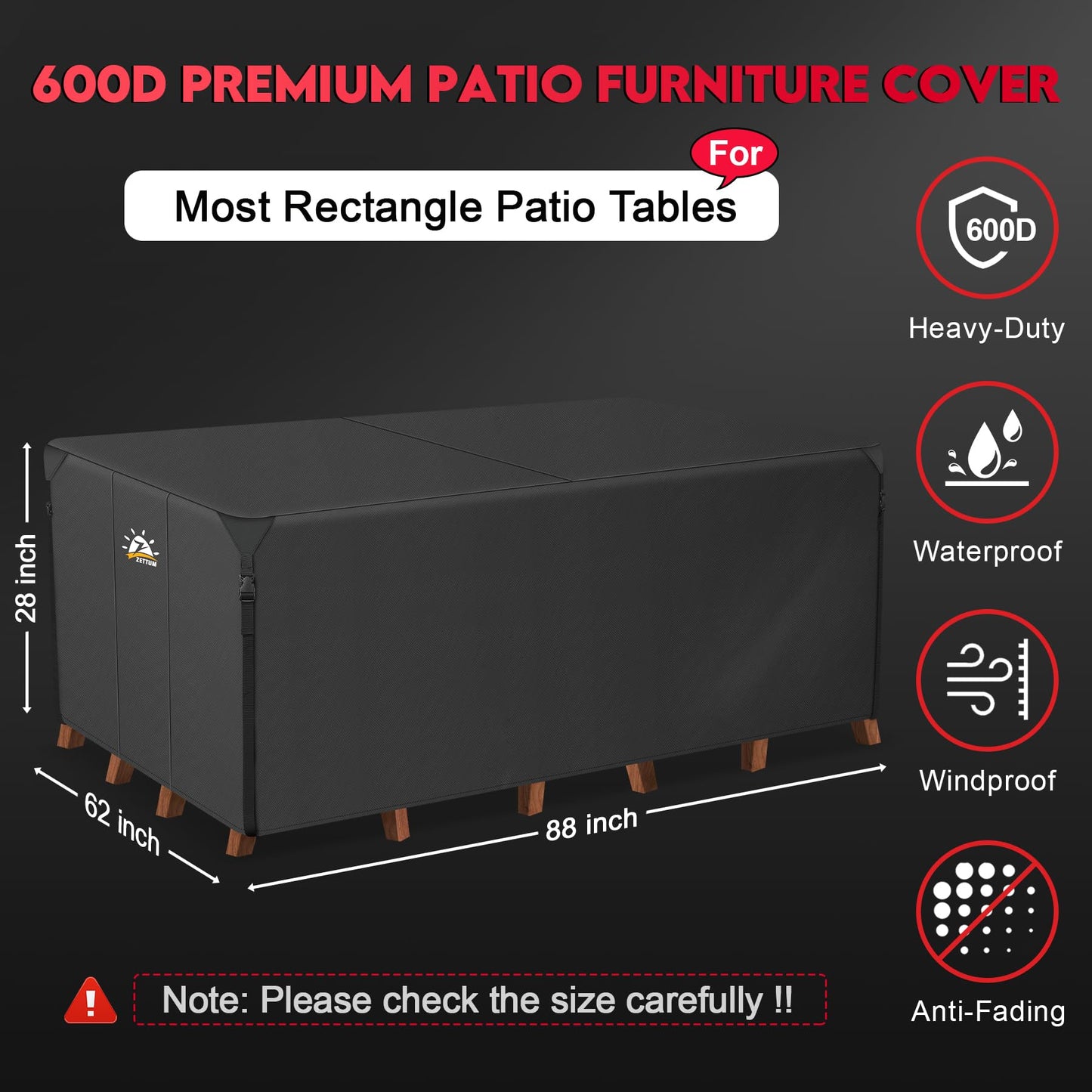 Zettum Patio Furniture Cover Rectangle - 600D Outdoor Table Cover Waterproof & Heavy Duty, Lawn Furniture Set Covers for Outside Rectangular Dining Table and Chairs Seating Combo - 88 x 62 x 28 Inch