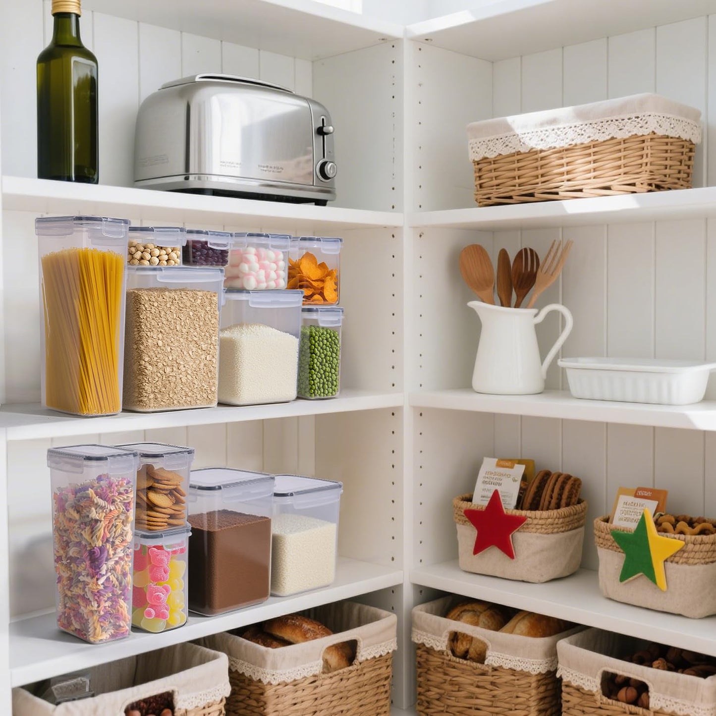 ComSaf 11 Pcs Large Pantry Storage Containers (Up to 5.2L/4.3L), Airtight Food Grade Plastic Kitchen Organizers with Lids & Labels for Flour, Cereal, Pasta, Sugar, Stackable