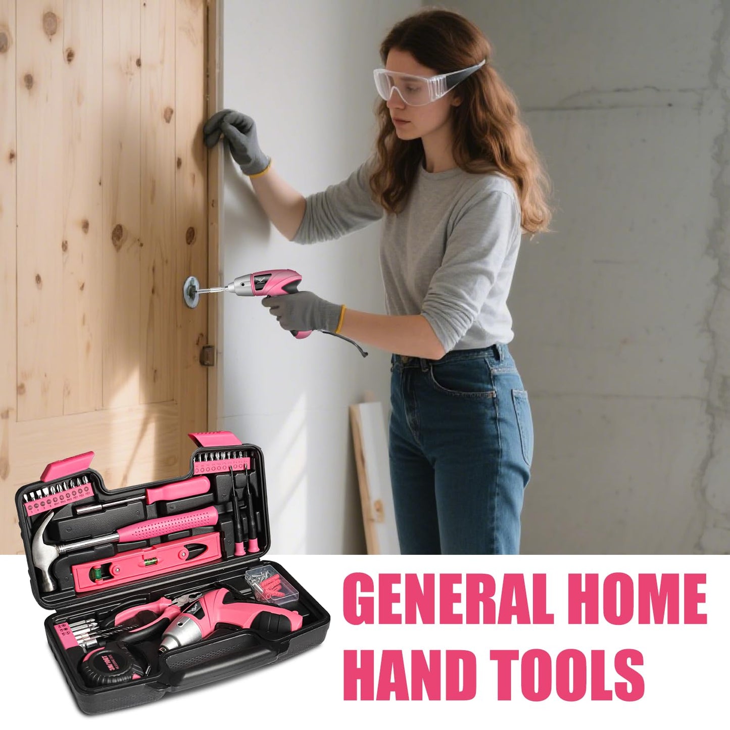 JENABOM Pink 112pcs Electric Screwdriver Tool Set, Home Tool Kit with 3.6V Small Power Cordless Screwdriver for Women