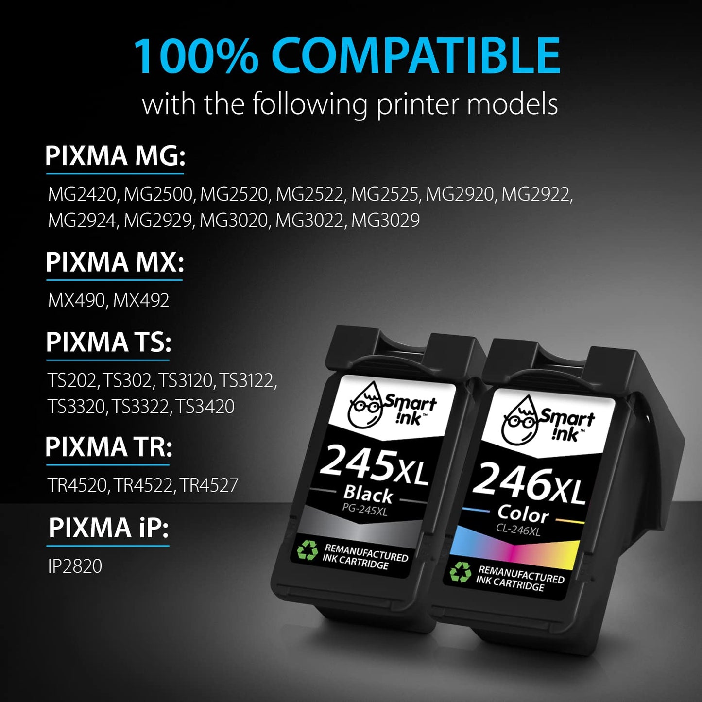 Smart Ink Remanufactured Ink Cartridge Replacement for Canon PG-245 XL CL-246 XL PG-243 CL-244 245XL 246XL (BK & Color Combo Pack) to use with Pixma MG2520 MG2522 MG2525 MG2920 MG3020 TS202 TS3120
