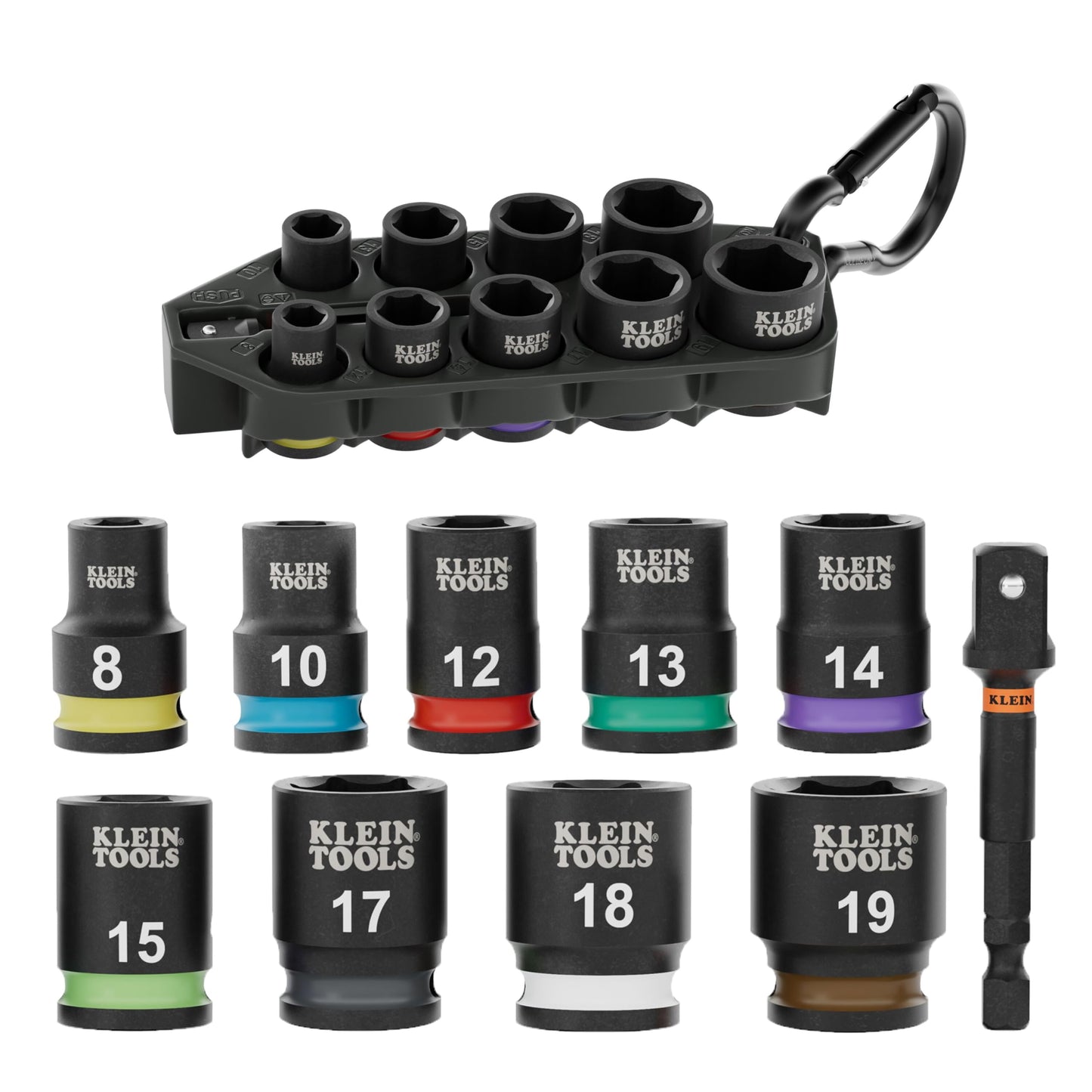 Klein Tools 33809M Grab-and-Go Impact Socket Set, Metric, 10-Piece Set with Sleeve, Carabiner, 3/8-Inch Drive, Color-Coded 8 mm, 10 mm, 12 mm, 13 mm, 14 mm, 15 mm, 17 mm, 18 mm, 19 mm Sockets
