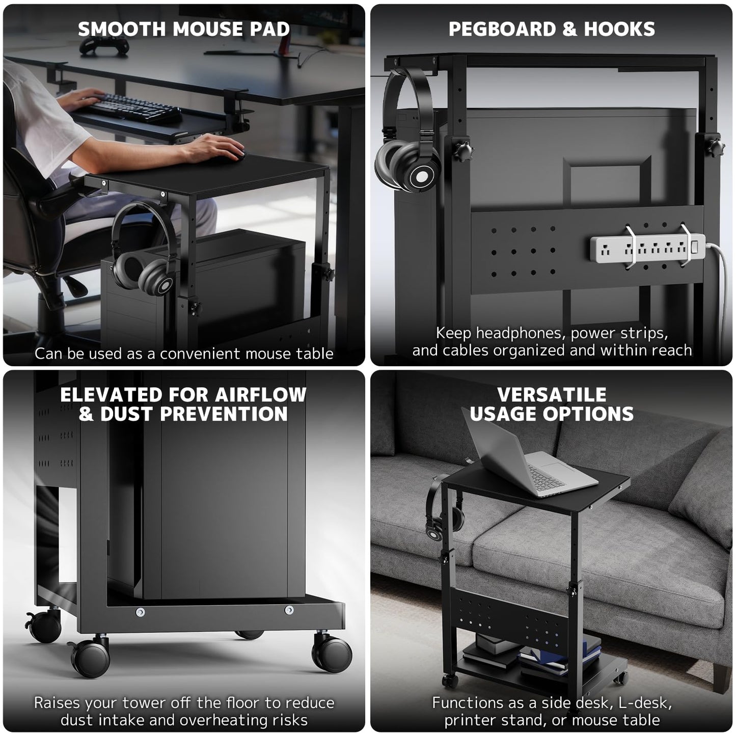 PUTORSEN Computer Tower Stand Cart - 2-Tier CPU Cart with 4 Casters, Rolling Holder with Pegboard & 2 Hooks, Height Adjustable from 20 7/16" to 30 1/4", for Office Home Gaming