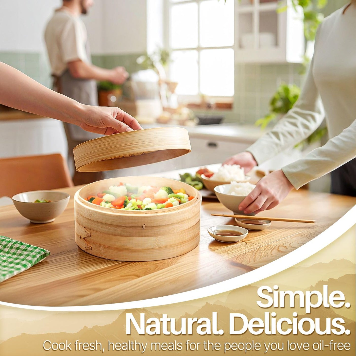 Flexzion Bamboo Steamer Basket Set (10 inch), 50 x Steamer Liners and 2 Pairs of Chopsticks, Steam Baskets for DimSum Dumplings, Rice, Vegetables, Fish and Meat