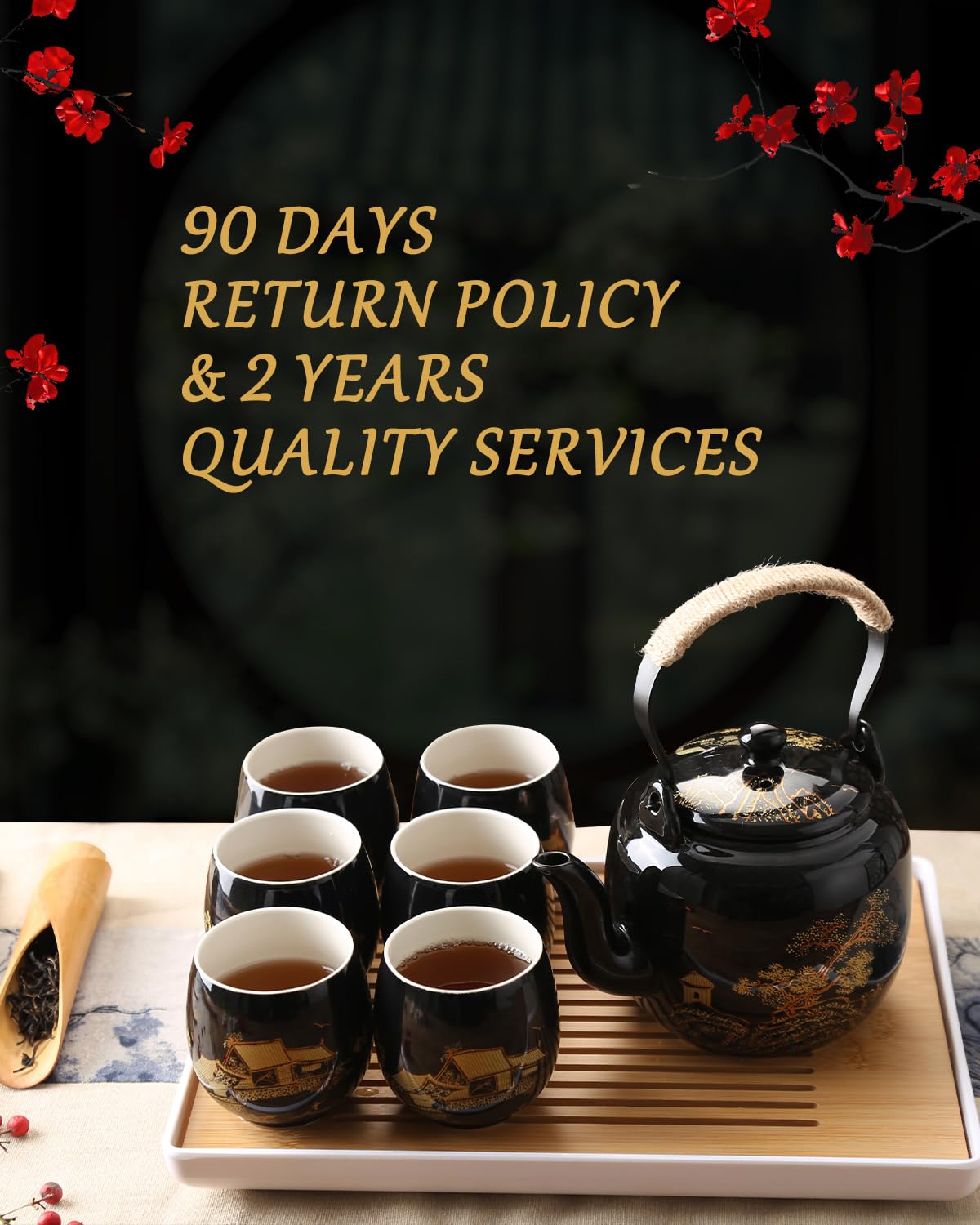 Dujust Japanese Tea Set, Black Porcelain Tea Set with 1 Teapot Set, 6 Tea Cups, 1 Tea Tray, 1 Stainless Infuser, Beautiful Asian Tea Set for Tea Lover/Women/Men (Countryside in Golden)