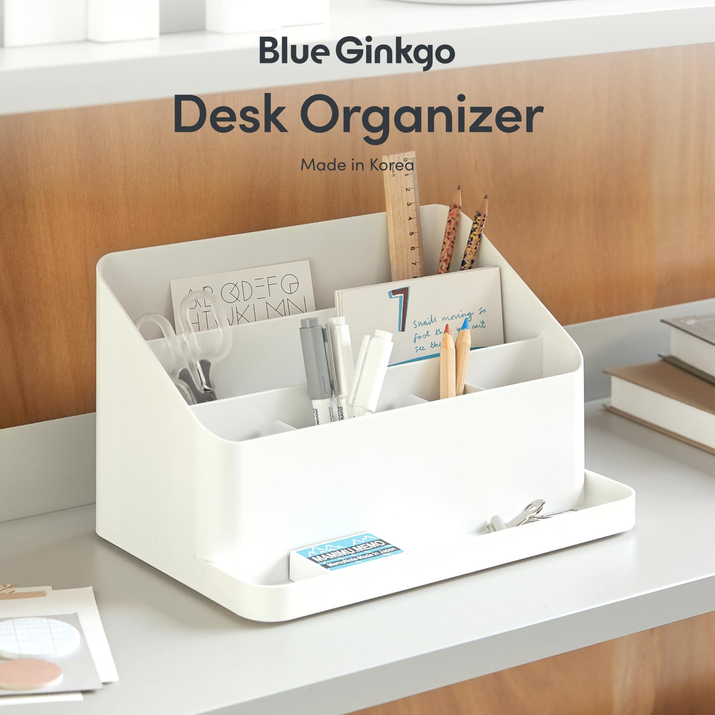 Blue Ginkgo Desk Organizer – Korean-Made Office Storage for Pens, Notes, Mail, and Supplies (White)