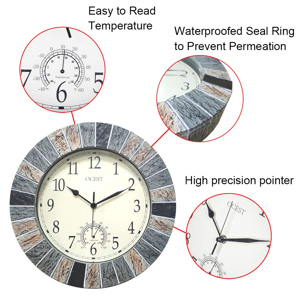 OCEST 13 Inch Large Outdoor Indoor Clock, Waterproof Wall Clock with Thermometer, Weather-Resistant Non-Ticking Battery Operated Decor for Patio, Pool, Lanai, Fence, Porch, Garden（Brown）