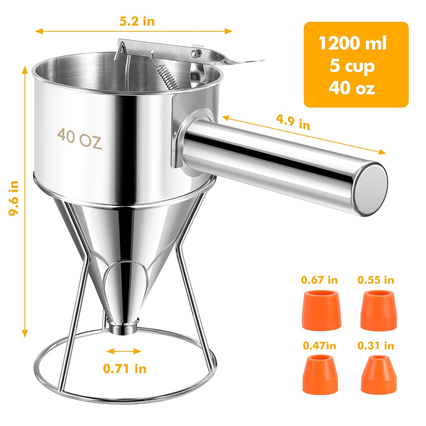 Babcarriery 40 oz Stainless Steel Pancake Batter Dispenser with Squeeze Handle & Nozzle - Leak-Proof, Precise Control, Dishwasher Safe for Pancakes, Waffles, Muffins & More