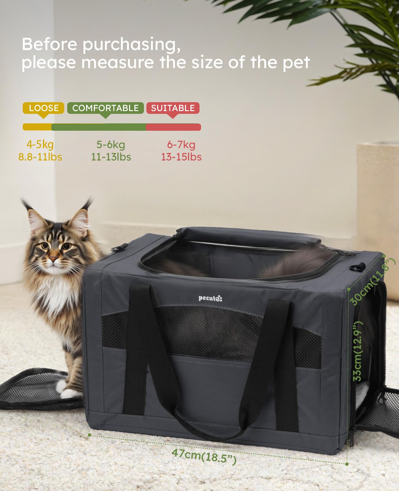 Pecute Cat Carrier Dog Carrier with Stable Structure,Breathable Mesh Fabric Pet Carrier for for Small Cats Dogs Puppies up to 7KG,Soft-Sided Dog Carrier Suitable for Both Long and Short Trips,Black,XL