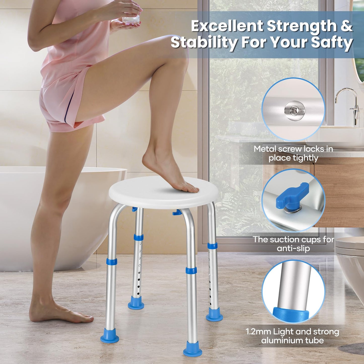 Careboda Adjustable Bath Chair for Inside Shower, Shower Stool with Upgraded Stainless Steel, Tool-Free Assembly, 8 Adjustable Heights for Seniors, Elderly, Pregnant, Handicap & Disabled Blue