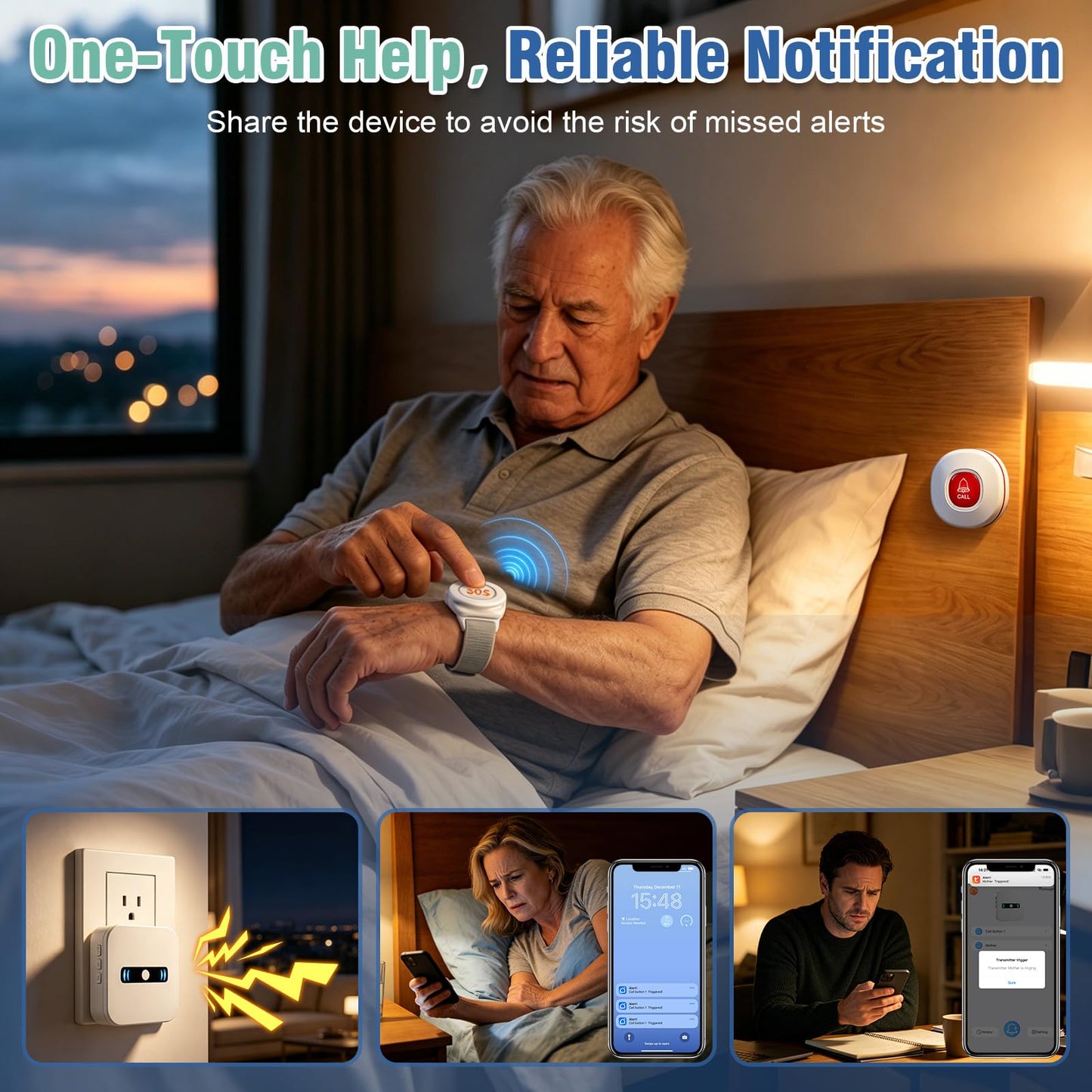 DAYTECH Emergency Button for Seniors at Home WiFi Smart Caregiver Pager Call Button with App Alert, Only Support 2.4GHz WiFi, 1 Receiver 3 Alert Buttons