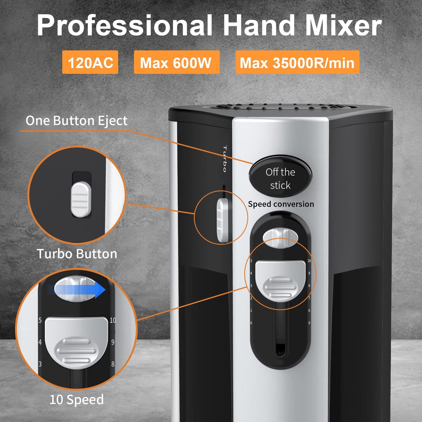 600W Electric Hand Mixer Kitchen Handheld Mixer 10 Speed Powerful with Turbo for Baking Cake Lightweight & Personal Electric Mixer with Beaters Dough Hooks