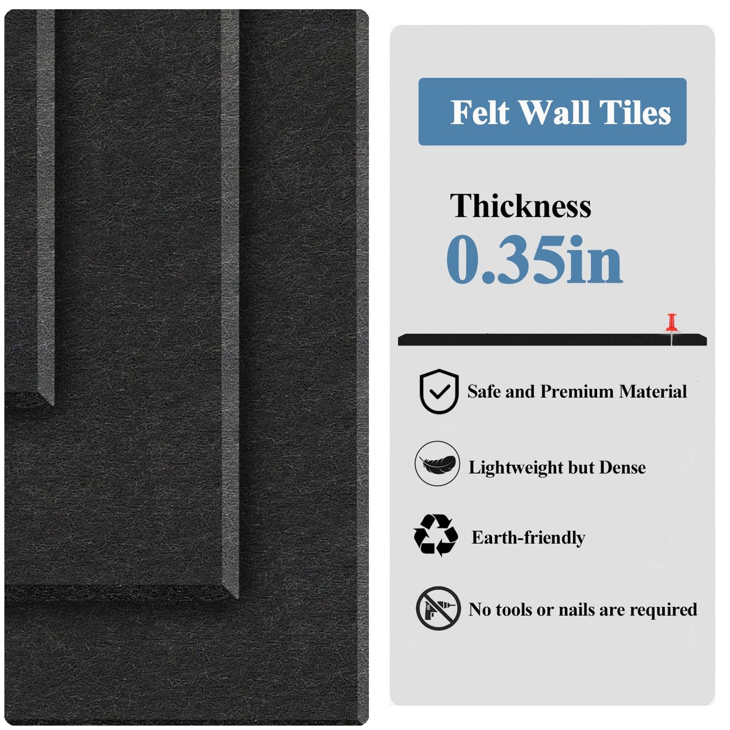 Large Cork Board for Walls, 12 Packs Black Felt Wall Tiles with 35 Pushpins, 48" X 36" Large Bulletin Board, Removable Cork Board Alternative for Home School Office Wall Decor (Black, Square-12pcs)