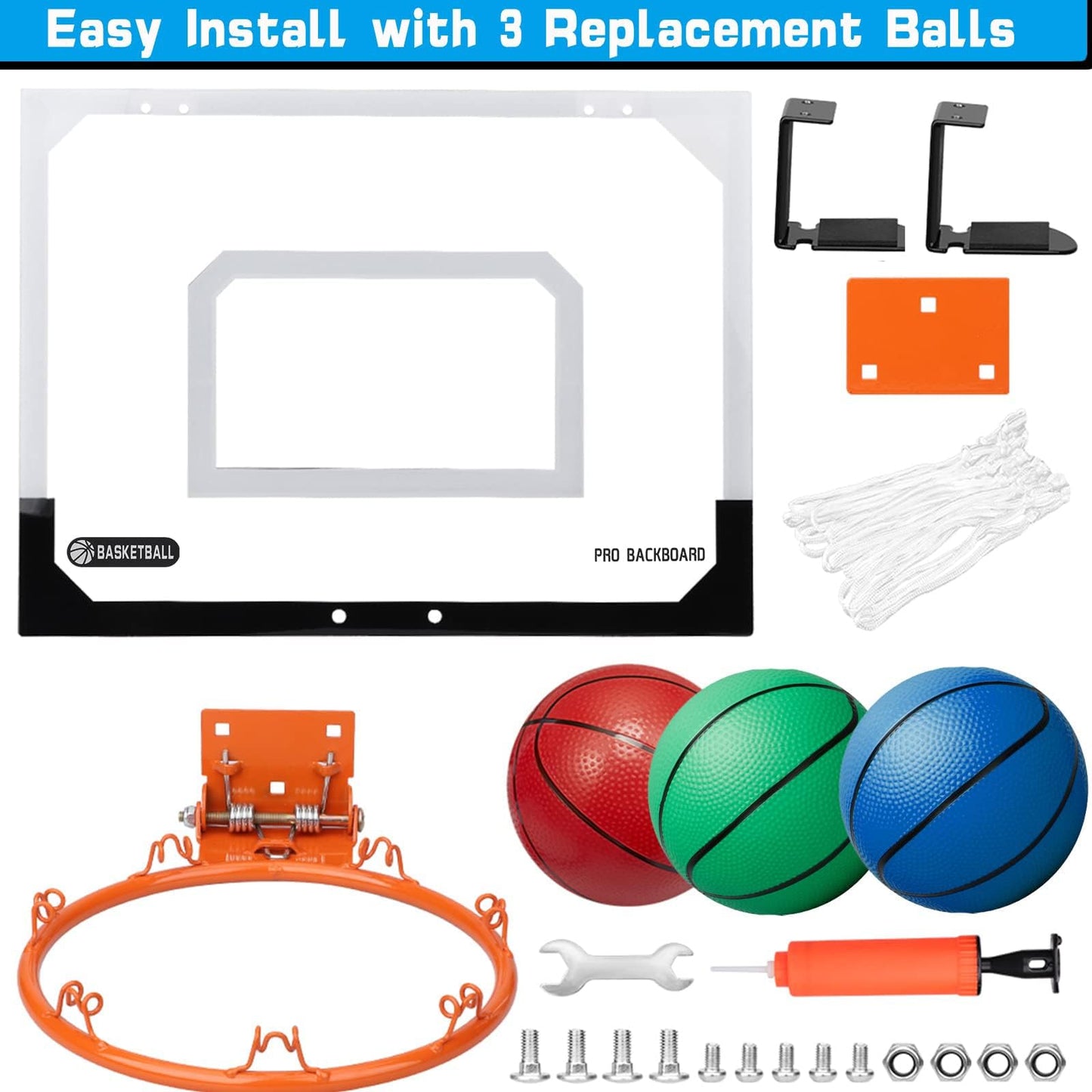 Pro Indoor Mini Basketball Hoop for Kids Adults, Over Door Wall Mount Basketball Hoop Toy with 4 Rubber 6 Inch Balls, Large Dunk Rim Gift for Birthday Pool Office Sport Game (with Pump)