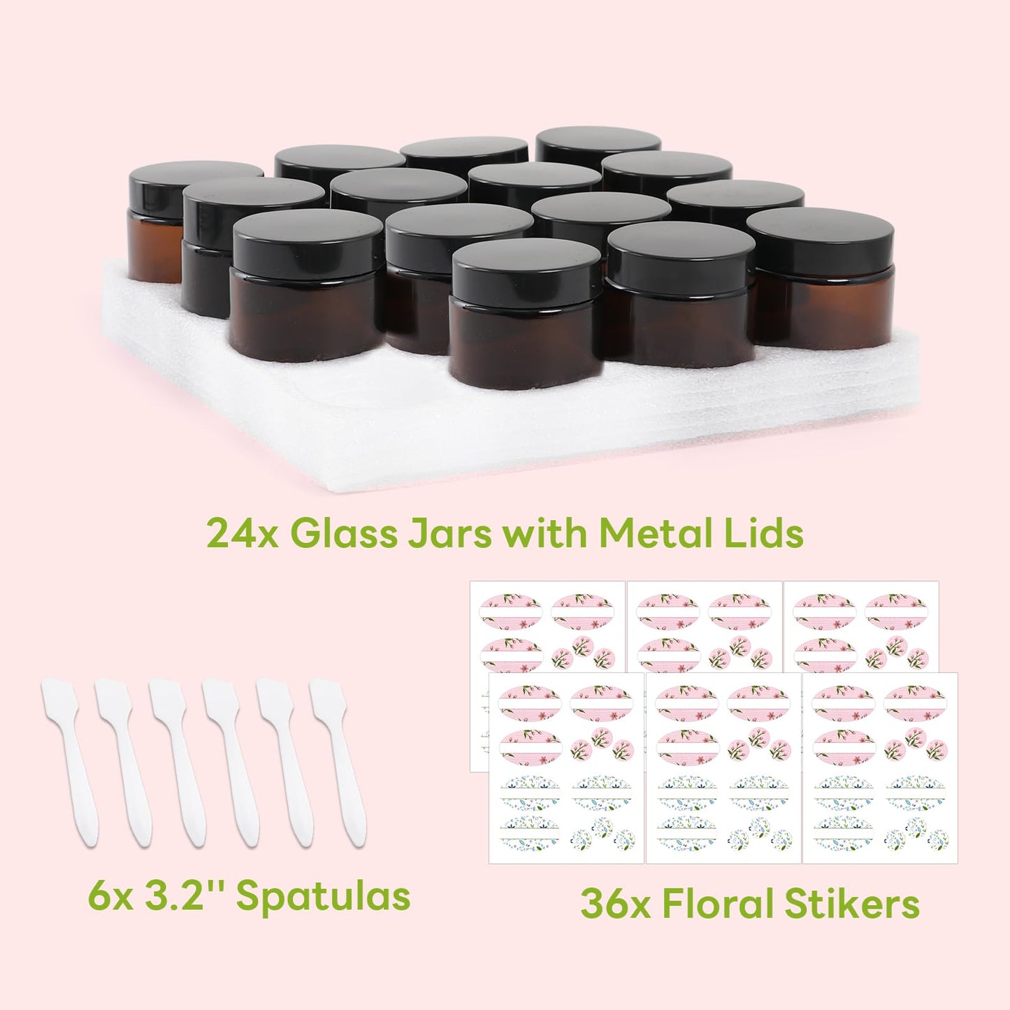 Alotpower 4 oz Amber Glass Jars 24-Pack With Spatulas & Floral Labels, Round Empty Jars With Lids for Scrubs, Lotions, Cosmetics, Candles (Set of 24)