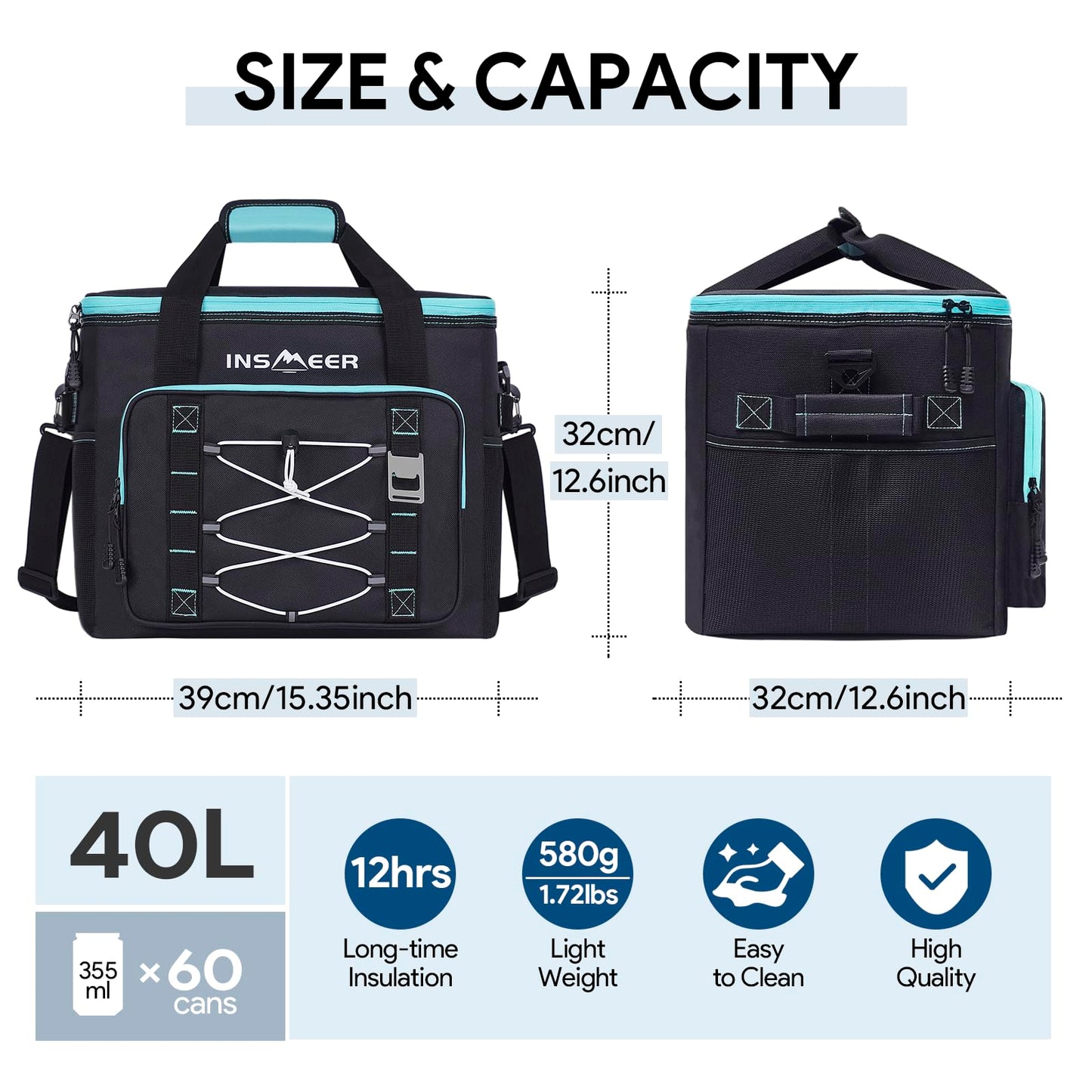INSMEER Soft Cooler Bag, Collapsible Coolers Bag 60 Can/40L, Soft Sided Insulated Cooler Portable Leakproof Cooler for Grocery Shopping,Camping,Travel,Fishing-Black