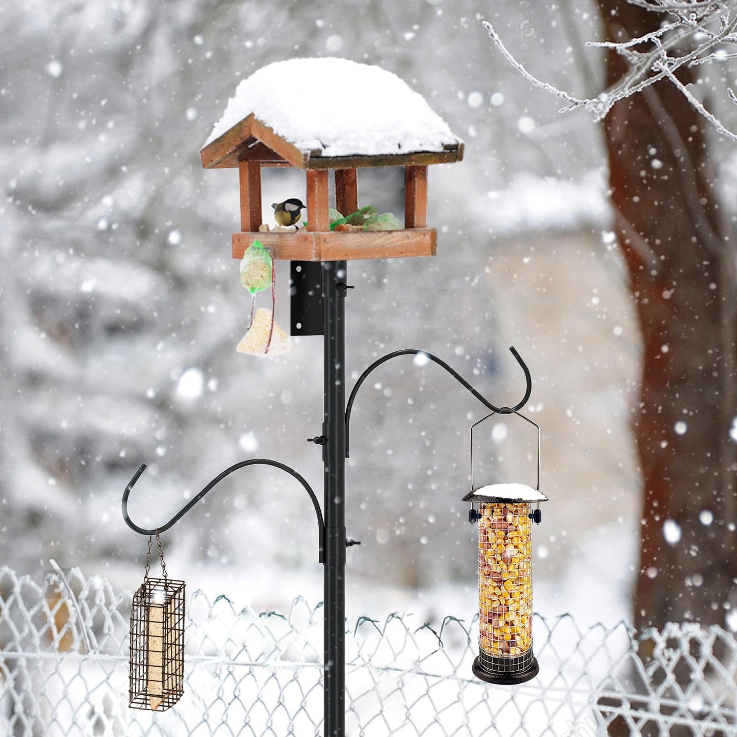 ERYTLLY Bird House Pole Mount Kit 80 Inch with 2 Hanging Hooks - Heavy Duty Adjustable Bluebird Feeder Support Rod Stand Set for Outside, Yard, Garden