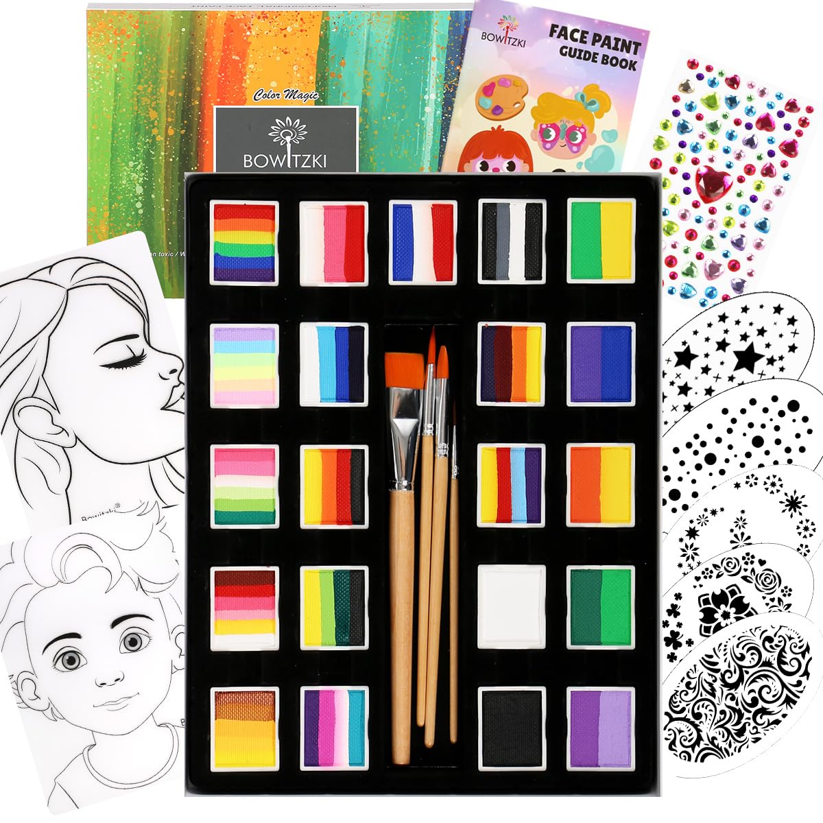 Bowitzki 21 Colors Split Cake Face Paint Set Professional Face Painting Kit Kids Adults 10g One Stroke Stencil Brush Practice Board Non Toxic Rainbow Cakes Flora Body Makeup Halloween Christmas Easter