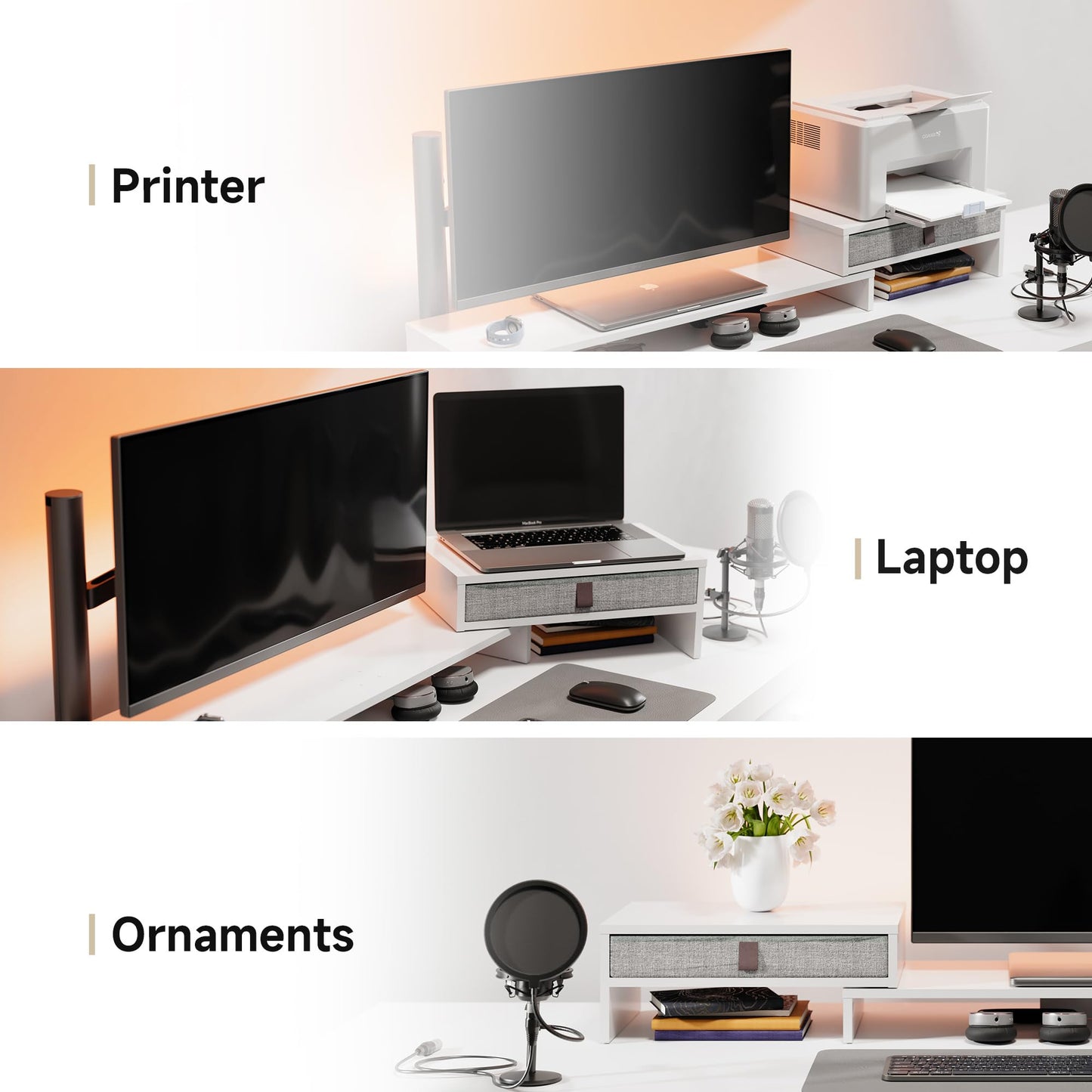 FENGE Dual Monitor Stand with Drawer Computer Monitor Stand Riser Adjustable Length and Angle, Wood Monitor Stands for 2 Monitors, Laptop PC, Computer, Printer, Office Desk Organizer White