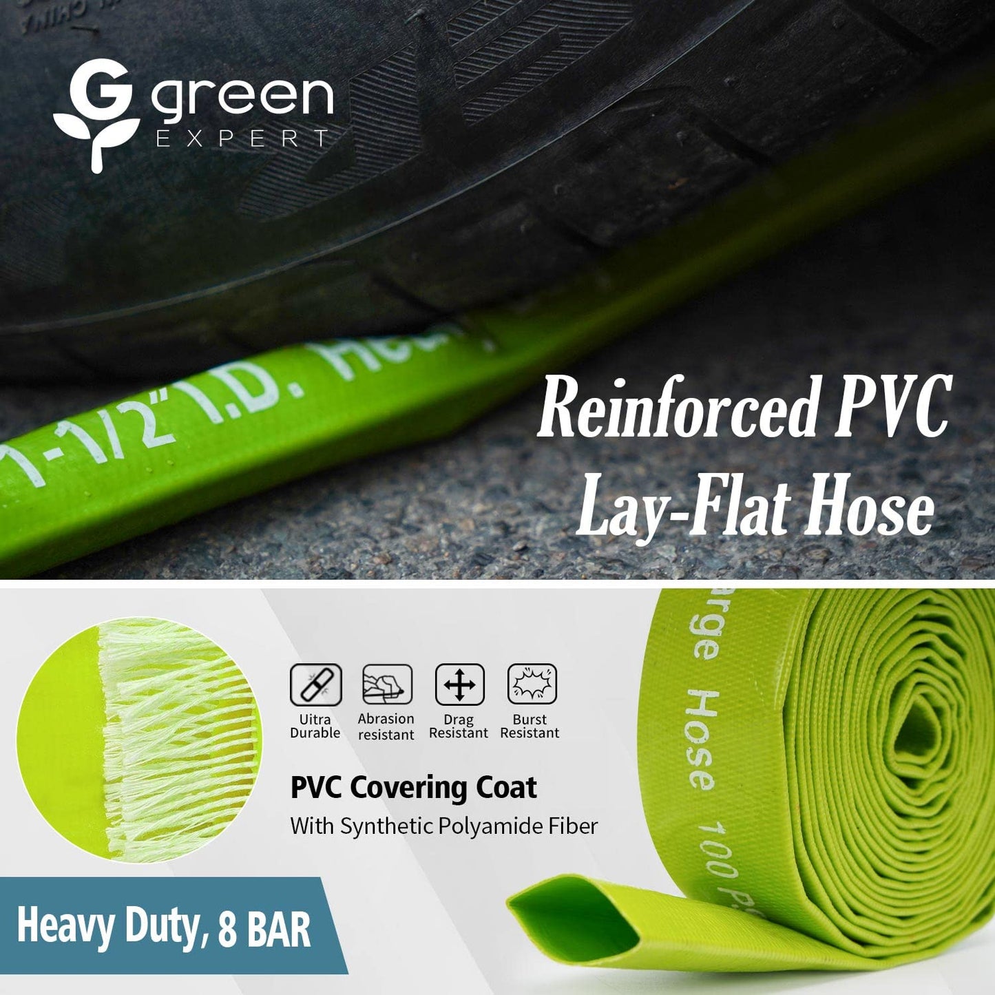 Green Expert 1-1/2" ID PVC Lay-Flat Discharge Hose Heavy Duty for Pump Draining Pool Filter Backwash Garden Pond Flooded House Water Disposal, 50 Feet Length with Steel Clamp Kit
