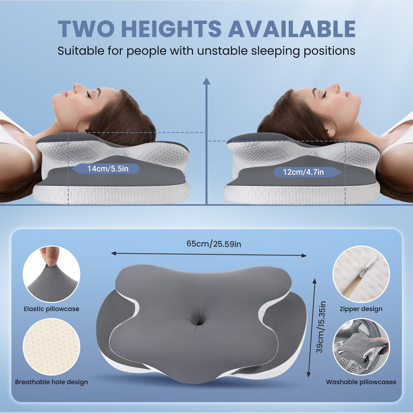 A-Pce Cervical Neck Pillow Set of 2, Ergonomic Memory Foam Pillows for Neck Pain Relief with Breathable Pillowcase, Adjustable Contour Neck Support Pillow for Side Back Stomach Sleepers, Odorless