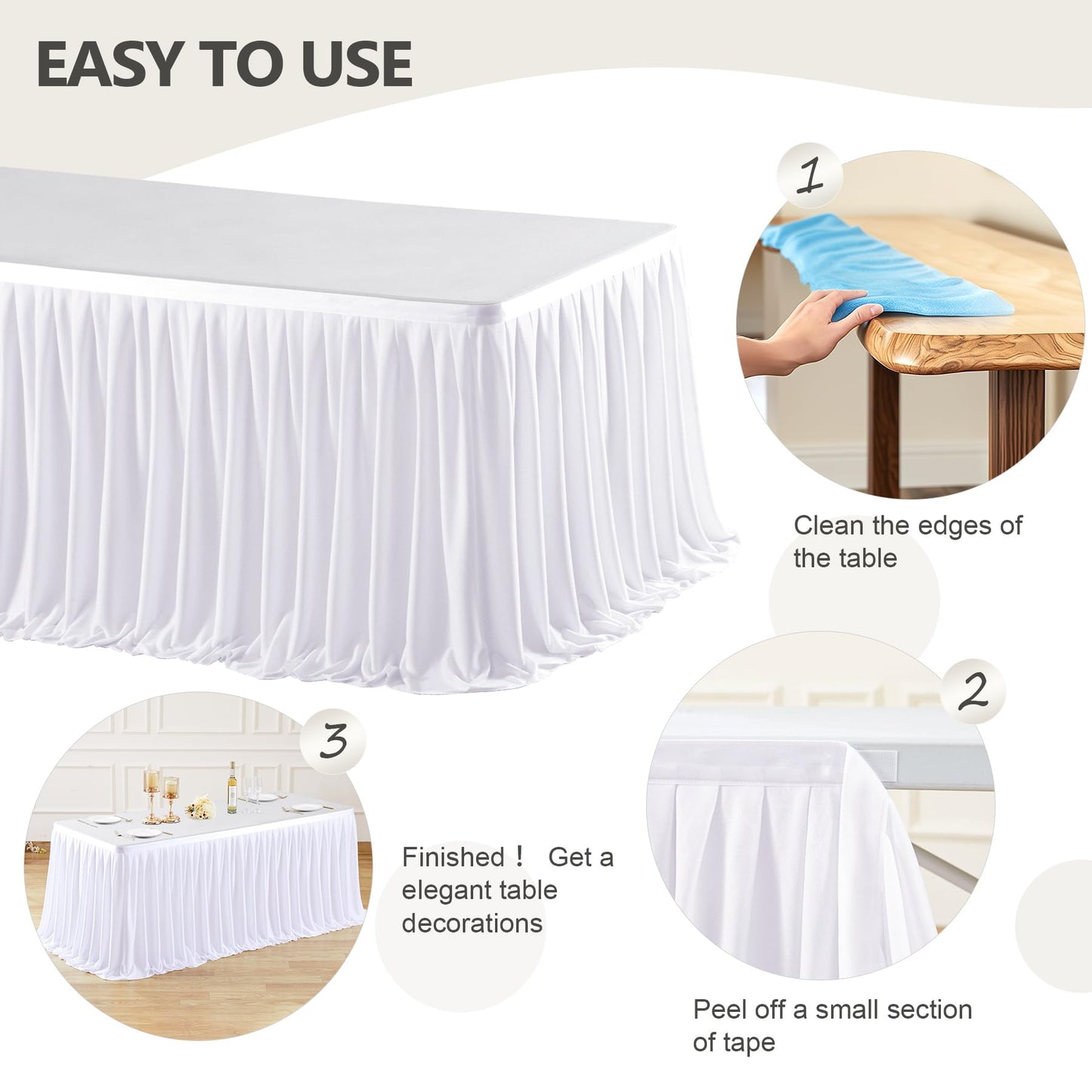 17ft Long White Table Skirt for Rectangle Tables Decorations - Wrinkle Resistant Polyester Pleated Table Skirting Desk Skirt for Office Baby Shower Birthday Party Wedding Banquet