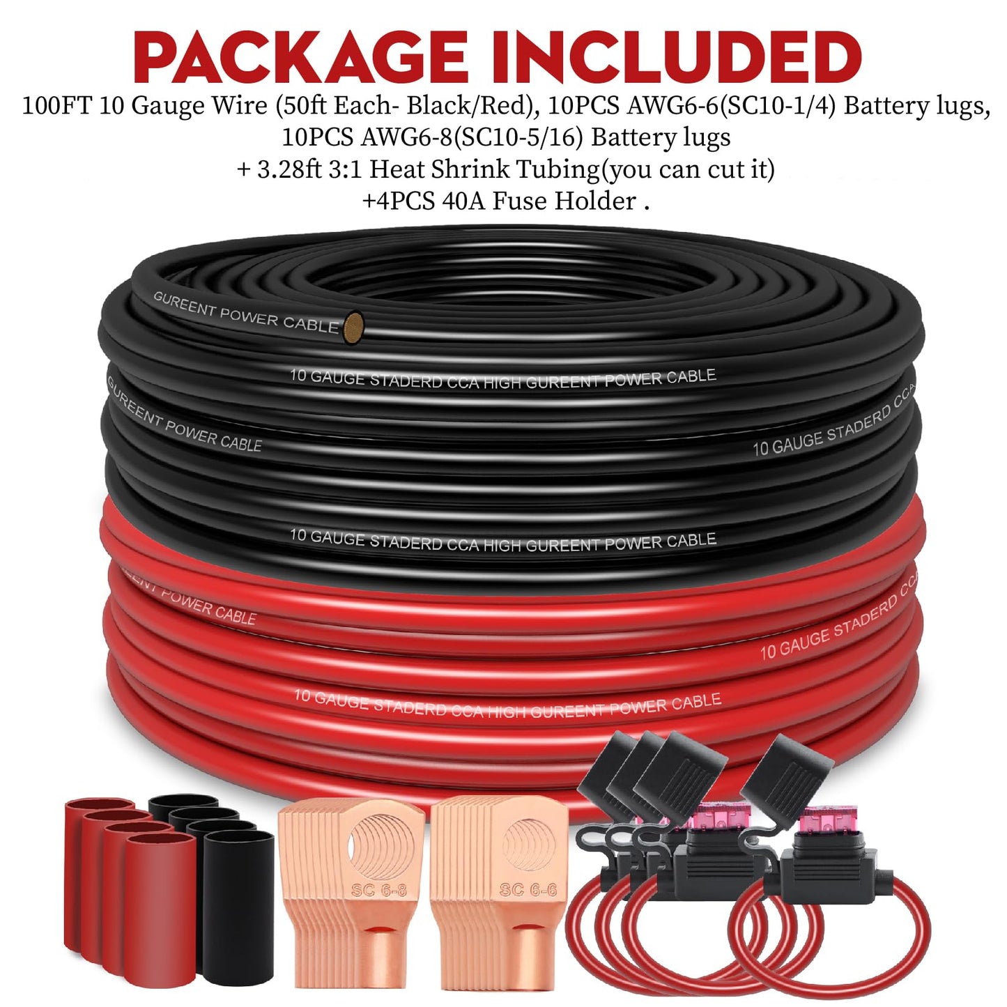 Taigoehua 100FT 10 Gauge Wire (50ft Each- Black/Red) 4 * 40A Fuse Holder/20*Lugs/-Copper Clad Aluminum CAA-Primary Automotive Wire,Car Amplifier Power & Ground Cable