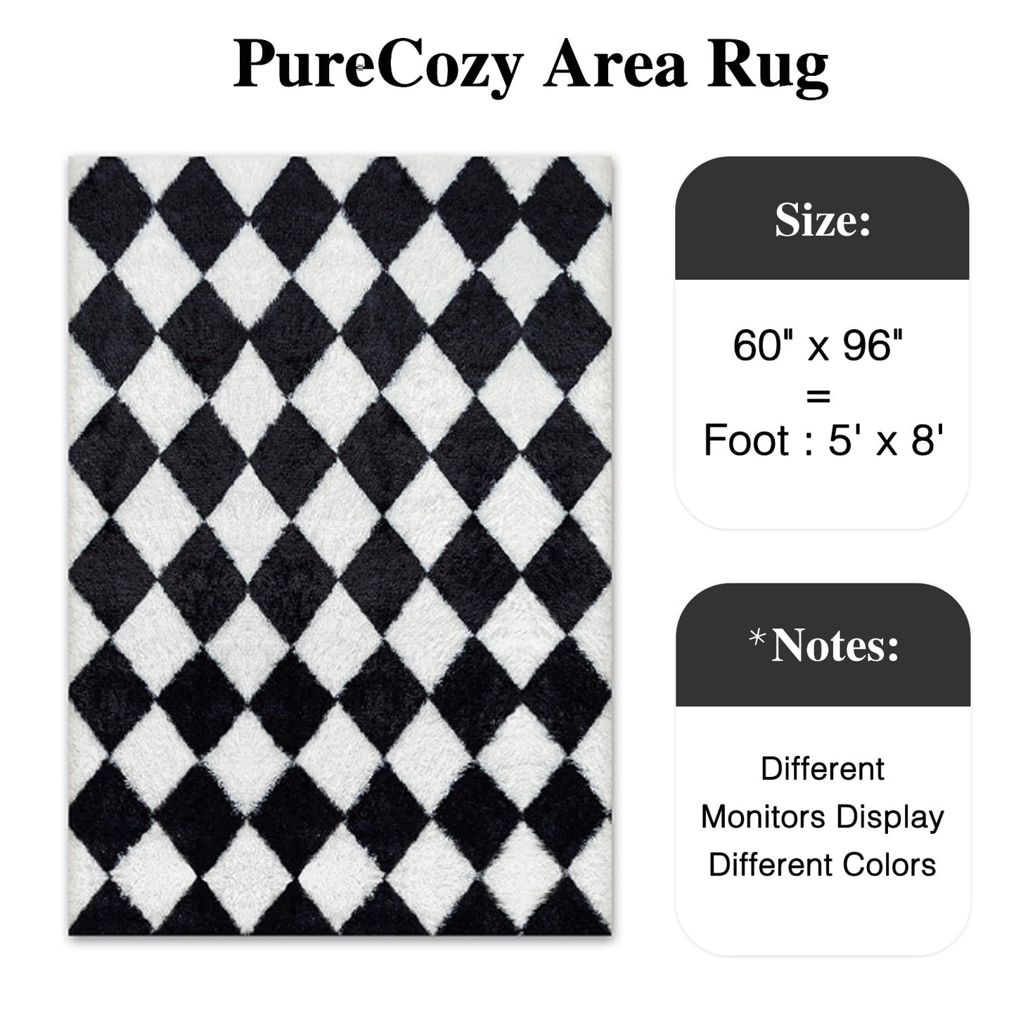 PureCozy 5x8 Black and White Checkered Rugs for Living Room Soft Modern Fluffy Shag Area Rug Washable Fuzzy Carpets Thickened Felt Bedroom Plaid Tapis Salon Plush Rug Nursery Home Dorm Aesthetic Decor