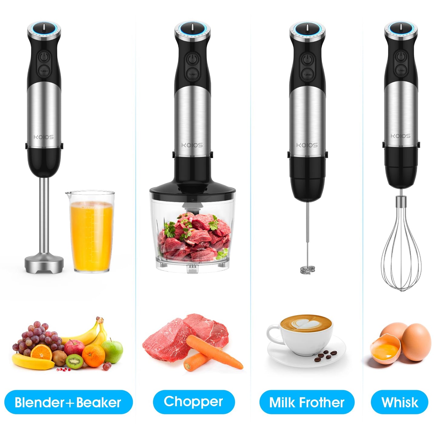 KOIOS 1000W 5 in1 Immersion Blender Handheld, 12-Speed & Turbo Mode Hand Mixer Stick Blender with Food Chopper, Beaker, Whis, Milk Frother, Non-BPA, Black