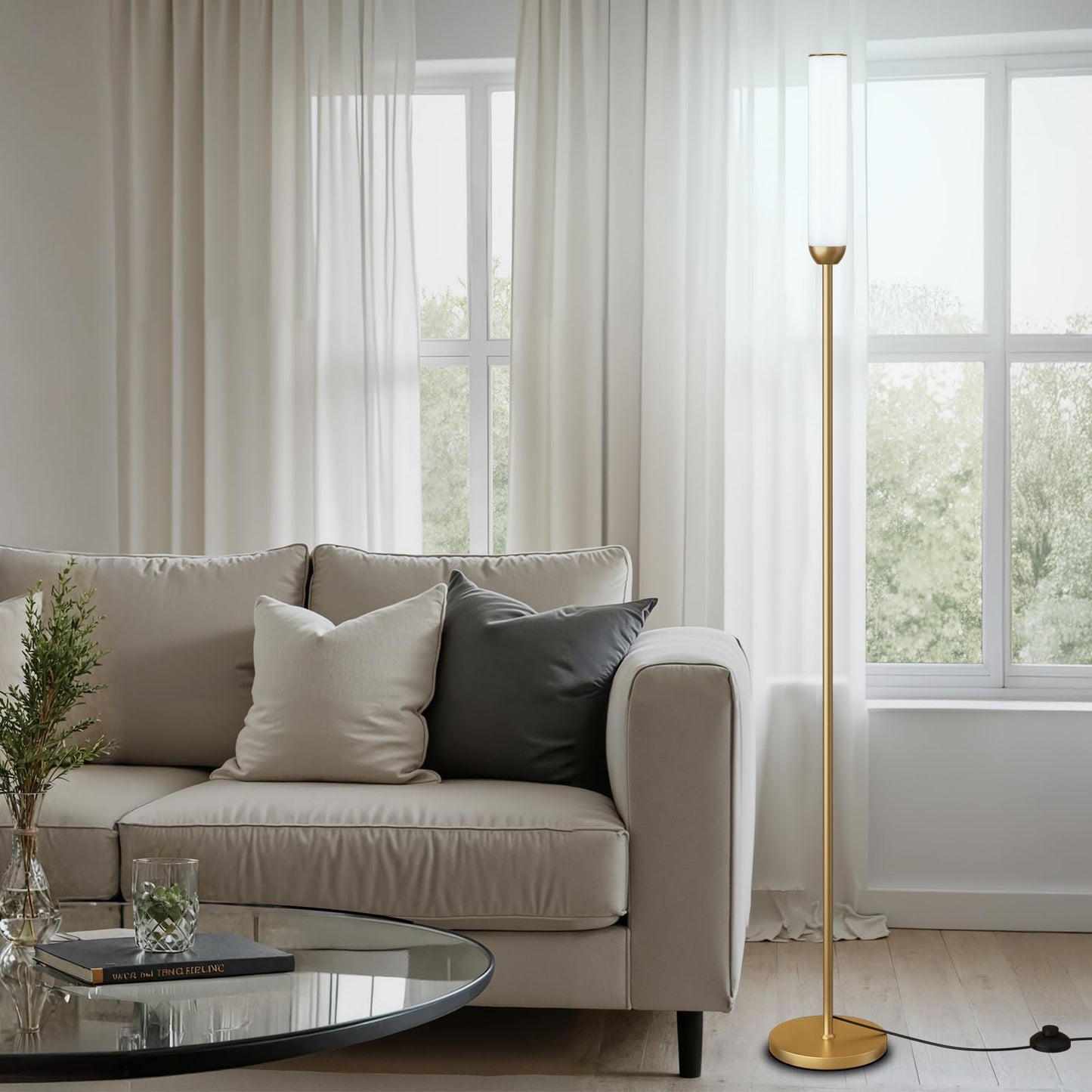 Ambimall 65'' Remote-Controlled LED Floor Lamp, 3000K-6500K Stepless Colors Temperature Adjustable, 5%-100% Dimmable Brightness, Foot Switch, Bright Floor Lamps for Living Room（Gold）