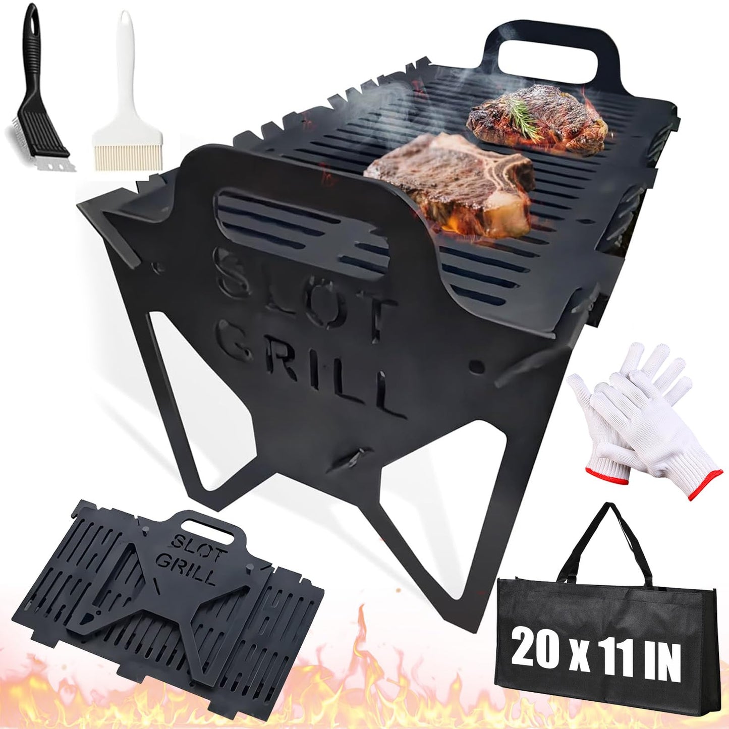 Slot Grill - Collapsible BBQ Grill for Easy Storage Steel, Charcoal Grills Quality Portable Detachable Folding, Camping Campfire Grills, For Patio,Adjustable Tool-Free Assembly (20 * 11 * 11.8in)
