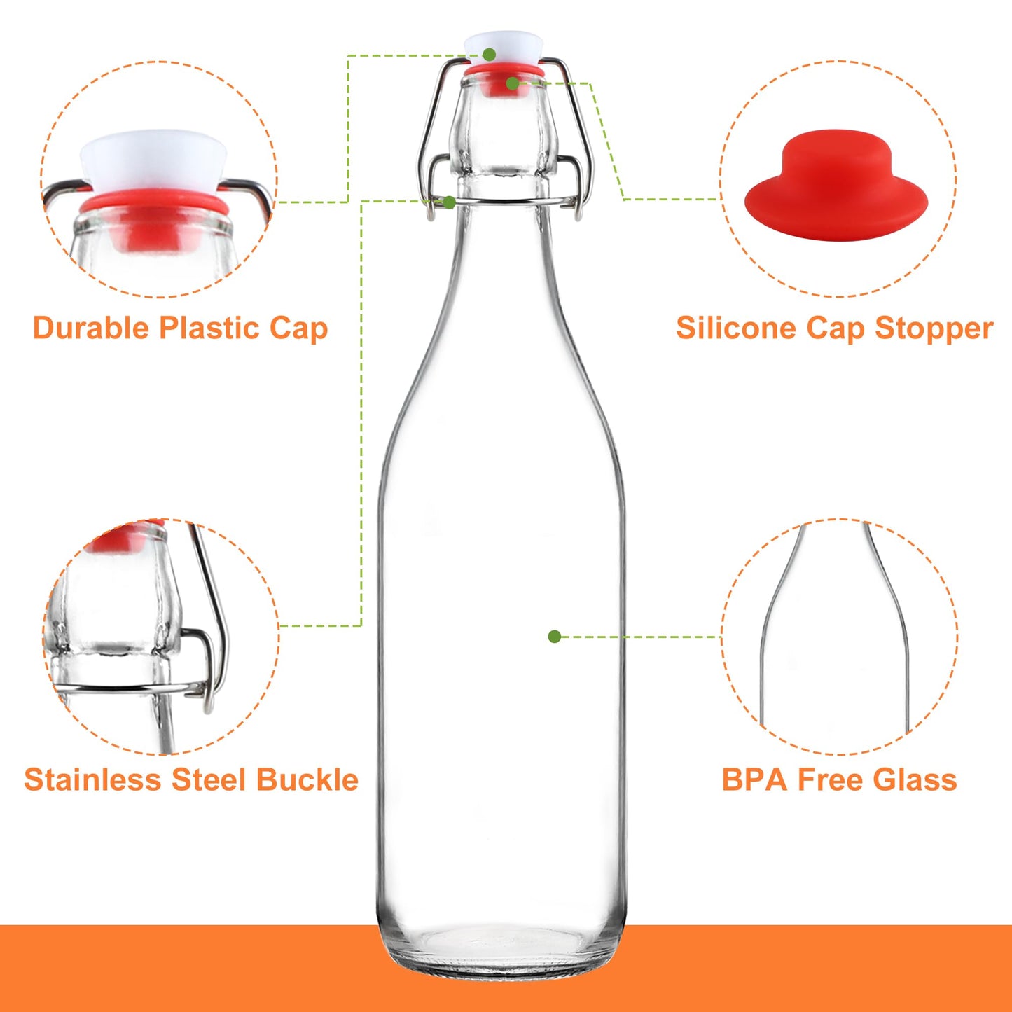 UrSpeedtekLive 6 Pack 1 Liter Swing Top Glass Bottles, 33oz Flip Top Brewing Bottles with Airtight Stopper for Vanilla Extract, Kombucha, Beer, Kefir, Mead