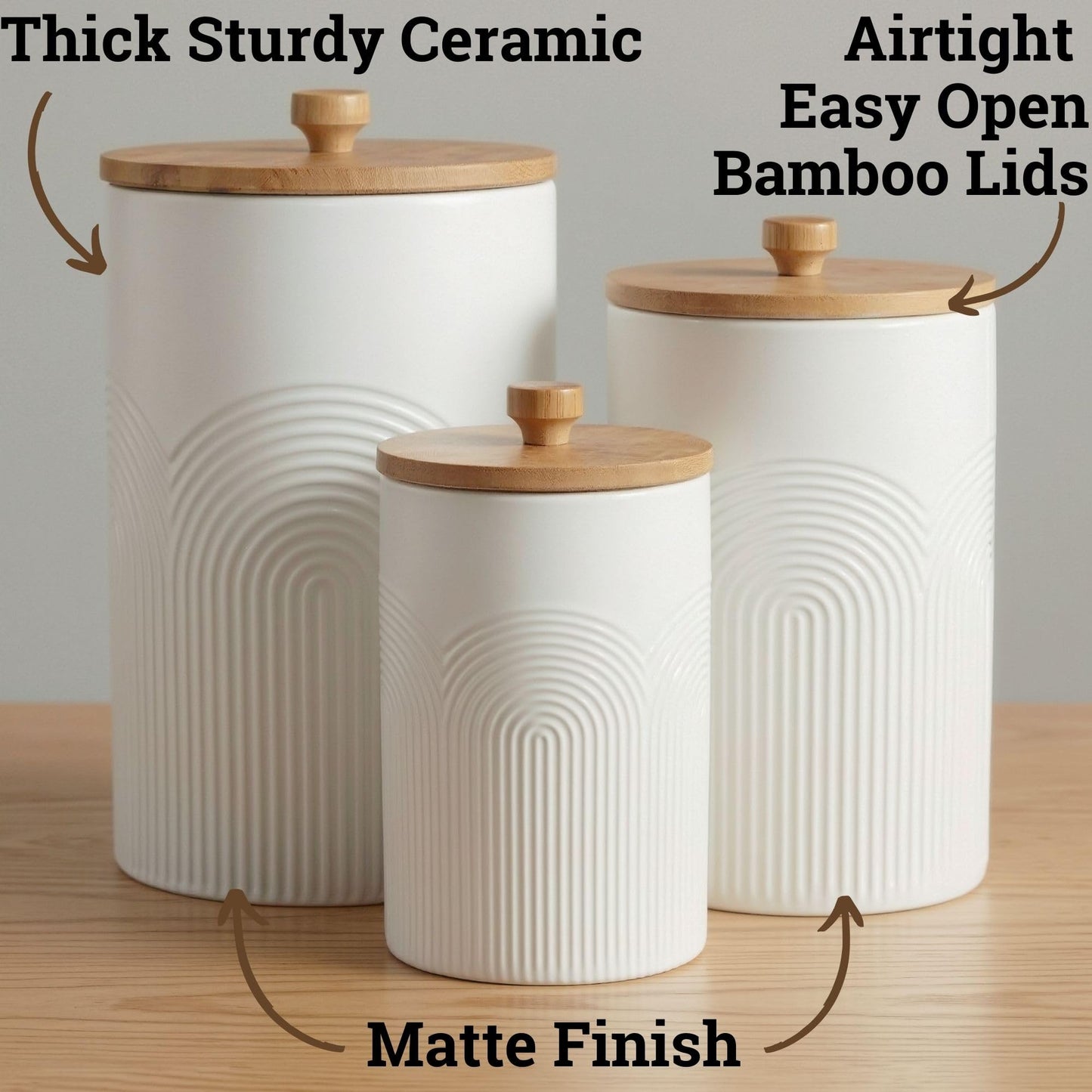 Ceramic Kitchen Canisters for Countertop Set of 3 with Airtight Bamboo Lids - White Kitchen Canisters with Airtight Lids - Flour Sugar Canister Set - Flour and Sugar Containers Farmhouse - Coffee Jar