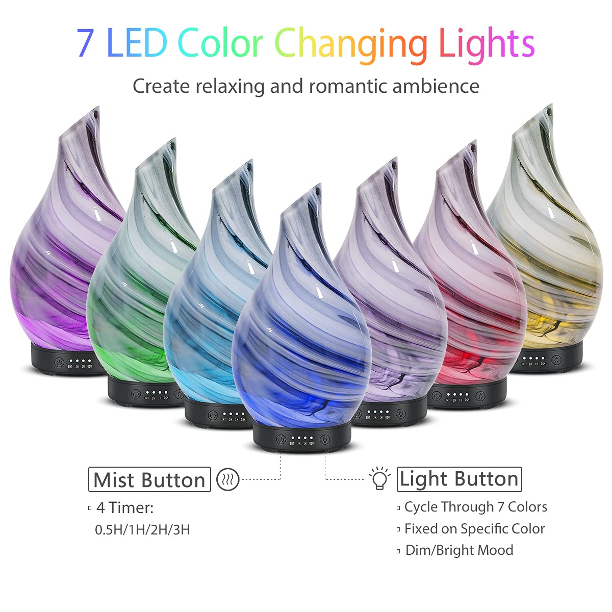 Essential Oil Diffuser 120ml Ultrasonic Aromatherapy Diffuser with Handmade Glass BPA Free Auto Shut-Off Protection, 4 Timer Setting 7 Colors Changed LED for Home Yoga Office