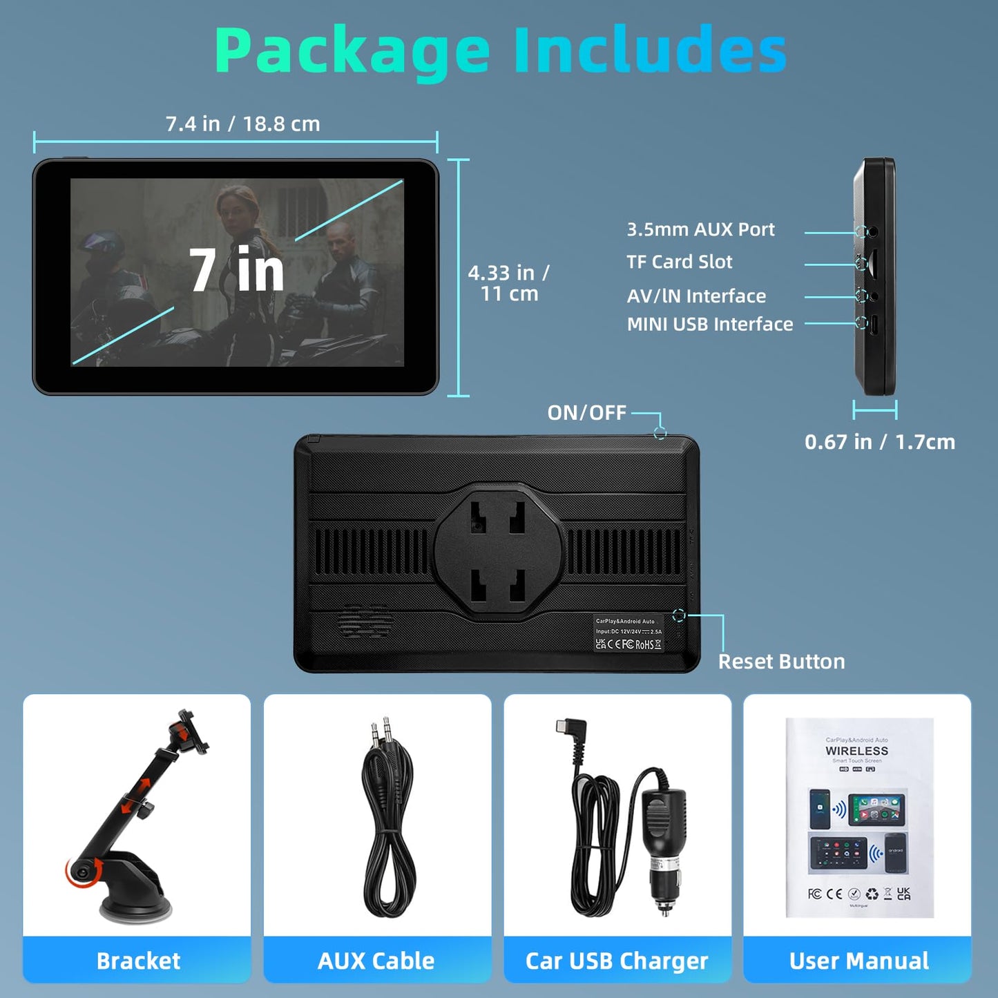 7 Inch Wireless Carplay Touchscreen for Apple Car Play and Android Auto, Apple Carplay Screen for Car with Bluetooth, FM, AUX, Voice Control, Mirror Link, GPS Navigation