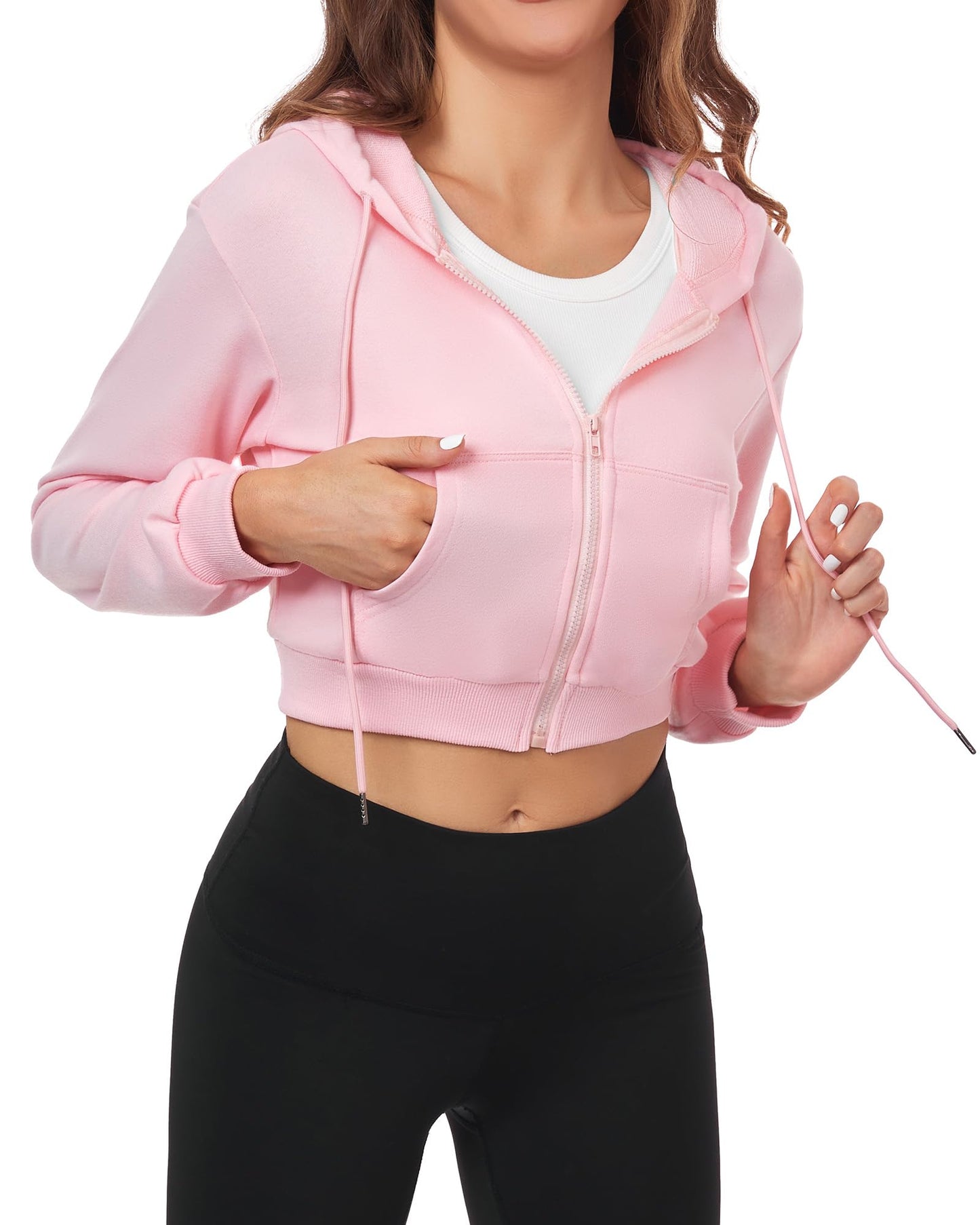 FKEEP Cropped Zip Up Hoodie Women Jacket Top Sweatshirt Casual Basic Gym Workout Sport, Pink, Medium