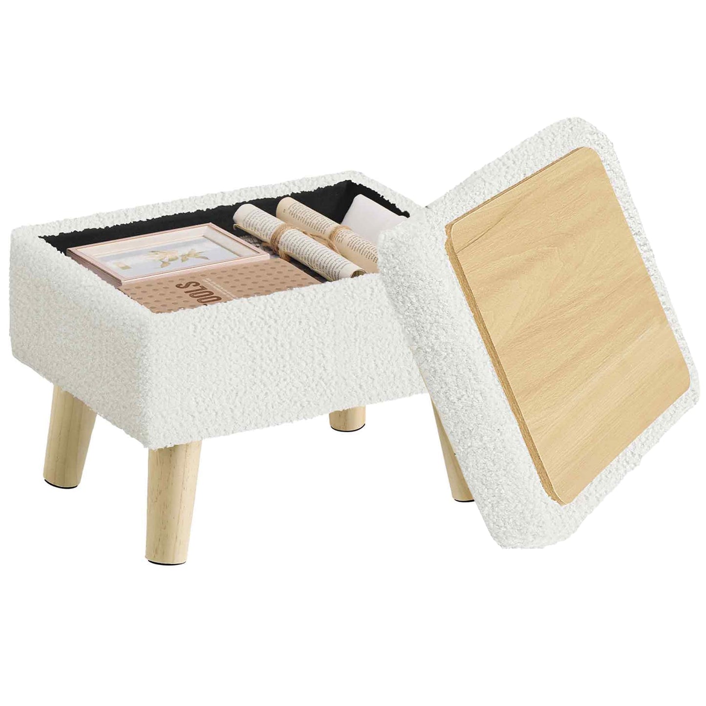 SONGMICS Storage Ottoman, Foot Stool, Ottoman with Padded Seat, Foot Rest with Wood Legs, Small Table, for Hallway, Living Room, 30 x 40 x 30 cm, Teddy Fleece, Cream White ULOM518WD01