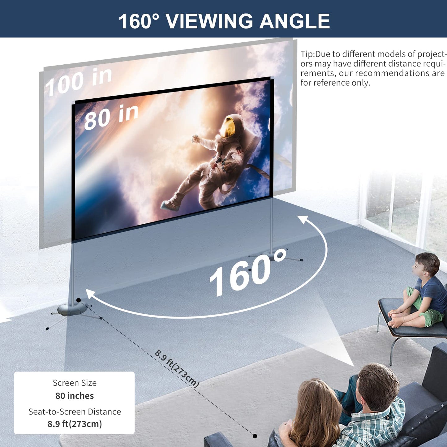 Projector Screen with Stand - Portable Outdoor Movie Screen with Carrying Bag, 16:9 4K HD Projection Screen with Quadrupod for Camping Indoor Home Party (80 inch)