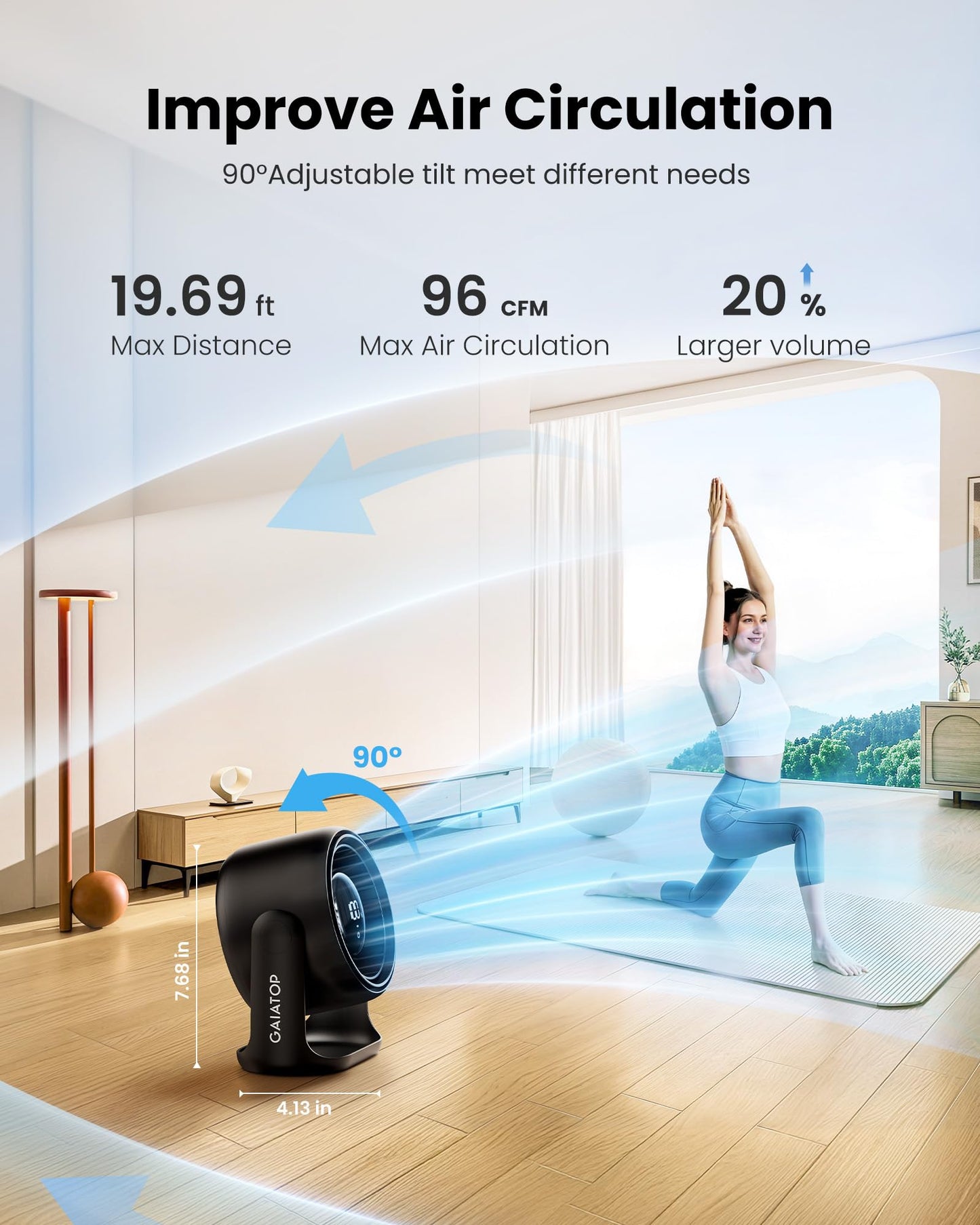 Gaiatop 7.7 In Desk Fan with Touch Control, 4000mAh Battery, 5 Speeds Ultra Quiet Bedroom Fan with LED Display, 90° Tilt, USB-C Rechargeable Desktop Fan for Dorm Office Room Home Office, Black