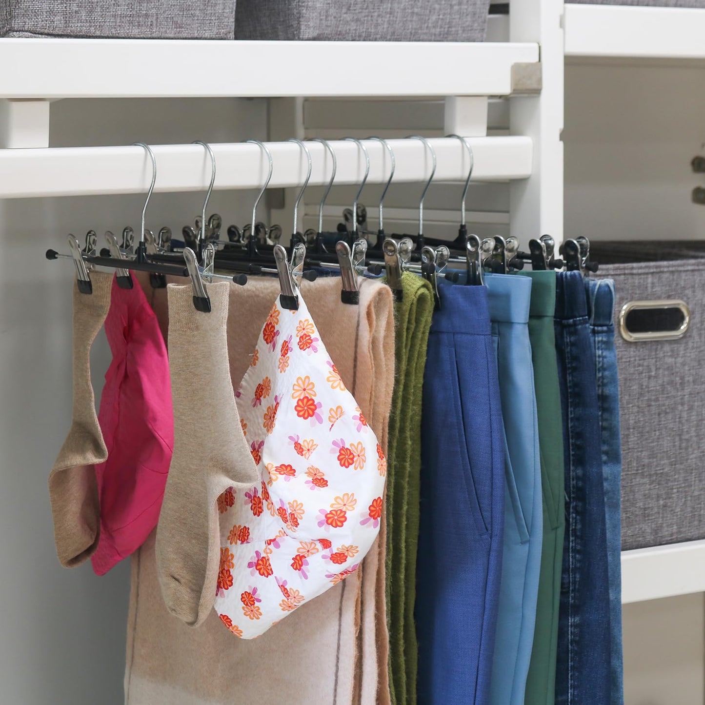 30 Pack Pants Hangers with Clips, 12 Inch Adjustable Skirt Hangers, Space Saving Non-Slip Clip Hangers with 360° Swivel Hook for Jeans, Shorts, Socks, Scarves
