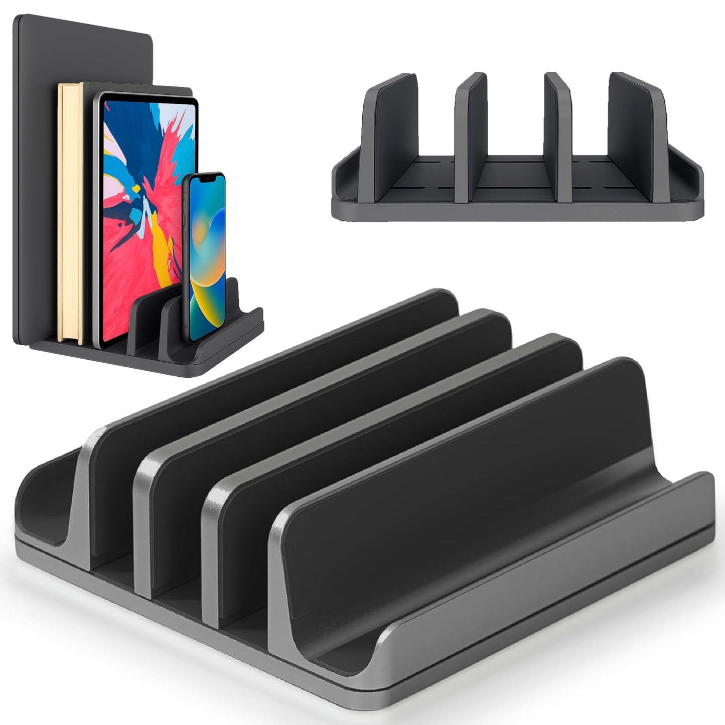 Multiple Laptop Holder Vertical – Adjustable Laptop Vertical Stand Holds 5 Devices, Fits All MacBooks Laptops Tablets and Mobiles (up to 17.3”). Closed Upright Vertical Laptop Stand for Desk (Black)