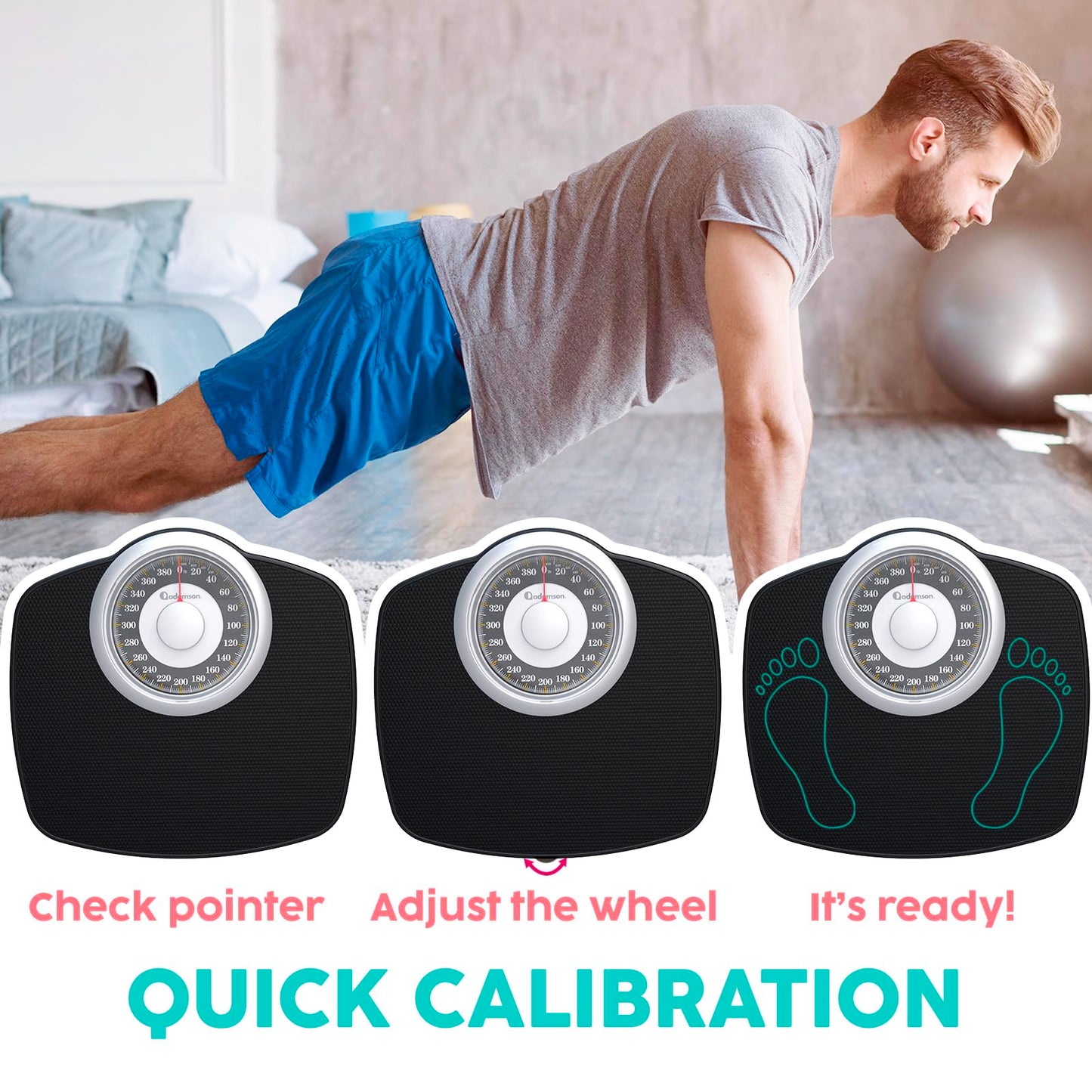 Adamson A25 Scales for Body Weight - Up to 400 LB - 5.3" Dial on 12.4" x 10.2" Platform - Anti-Skid Rubber Surface - High Precision Bathroom Scale Analog - Durable with 20-Year Assurance - Gold