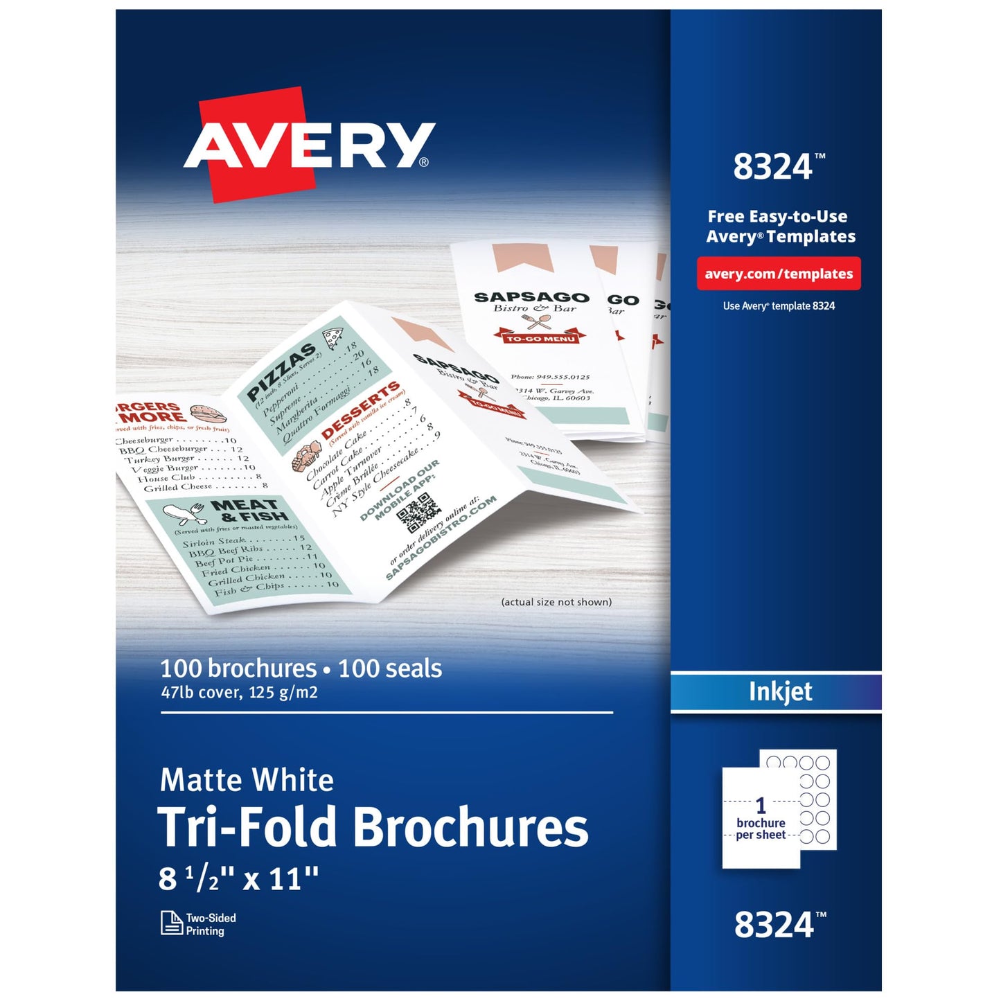Tri-Fold Brochures, Inkjet, White, Matte, 1-up, 100-sheets