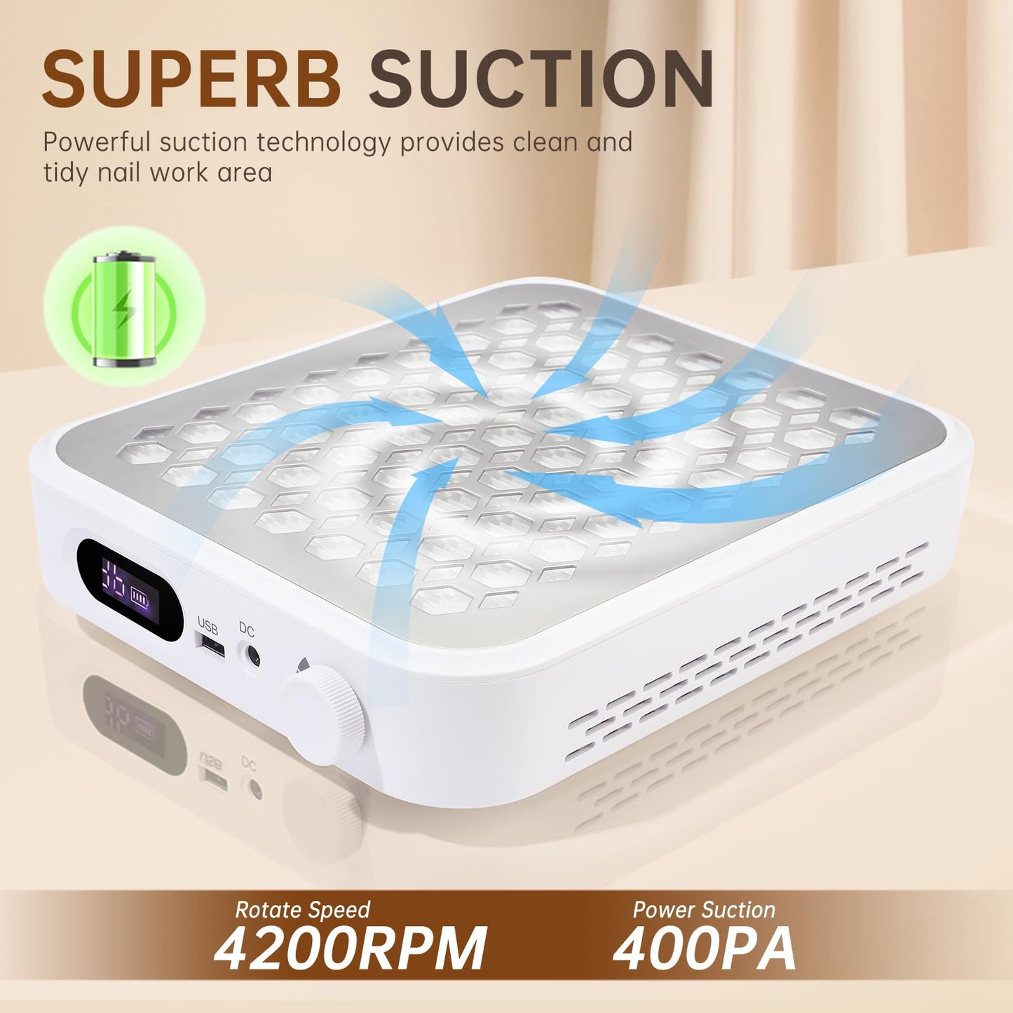 CHRISTINE SHELLY Nail Dust Collector, Rechargeable Dust Collector Nail Tech, Powerful Vacuum Fan Vent Dust Collector Extractor Dust Suction Machine for Acrylic Nails Polishing, Nail Salon&Home