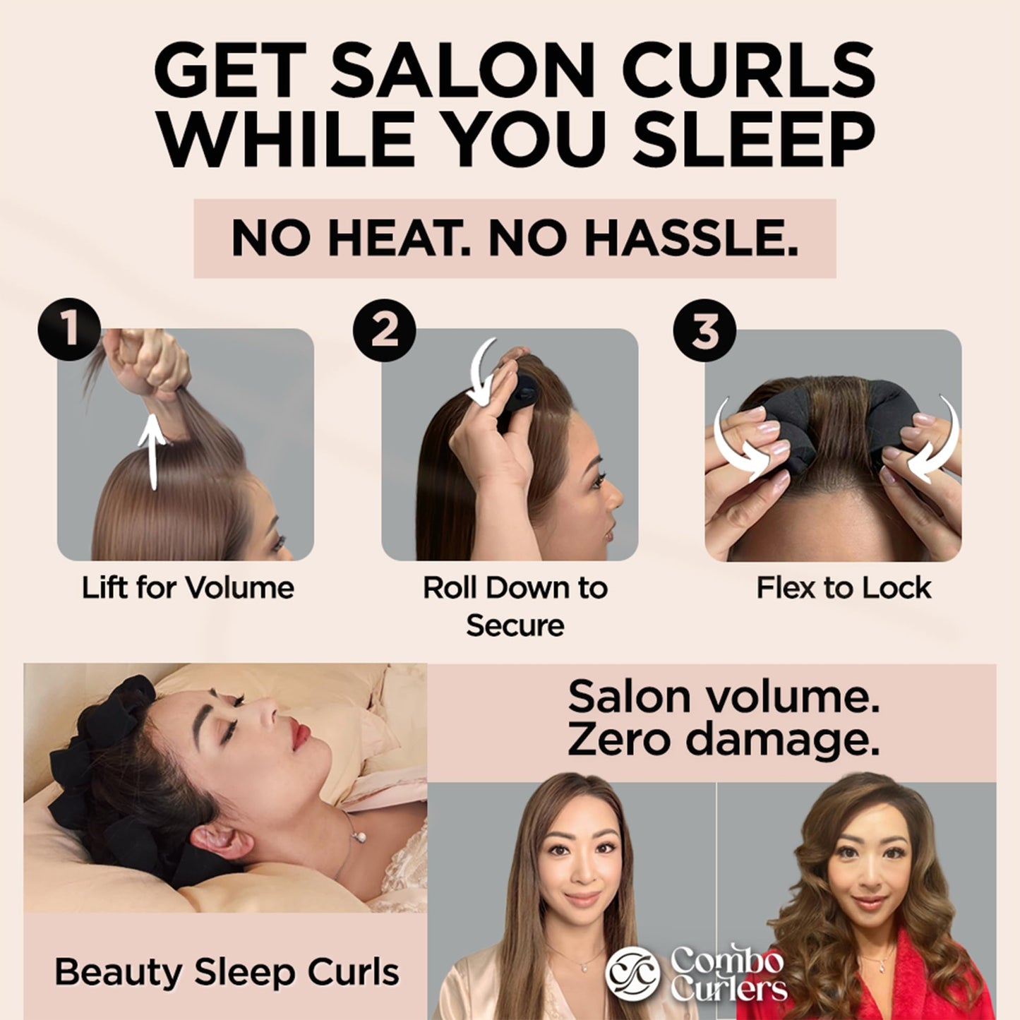 Heatless Hair Curlers – Overnight Foam Rollers for Sleeping, No Heat Curlers for Women, Satin-Wrapped Ends & Soft, 8pc Set for Hollywood Blowout Curls (Black)