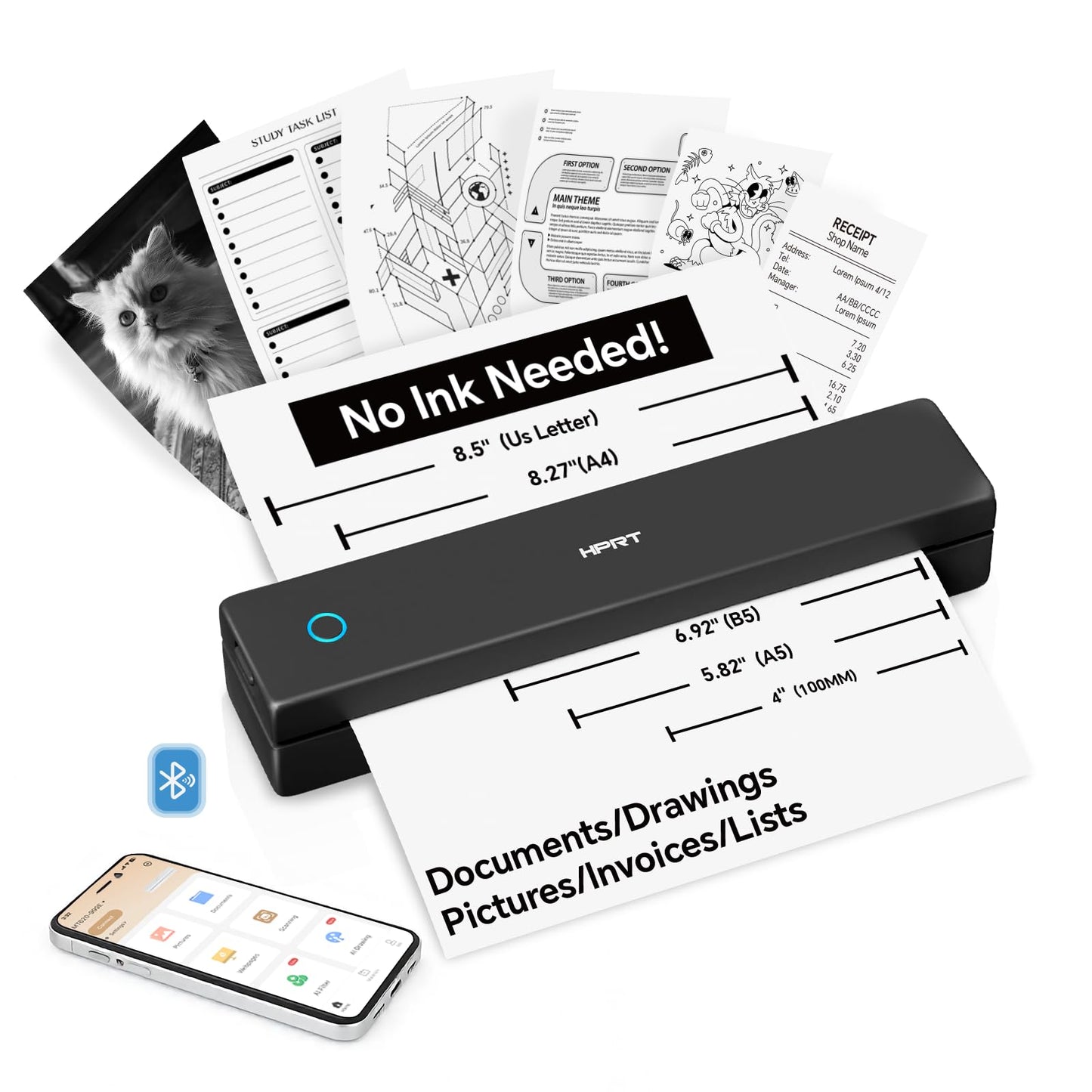 HPRT Portable Thermal Printer - Inkless Printer, Supports Thermal Paper & Labels, Multi-User Bluetooth & Auto Paper Feed, Compatible with iOS/Android/Laptop for Home/School/Travel (MT620 Black)