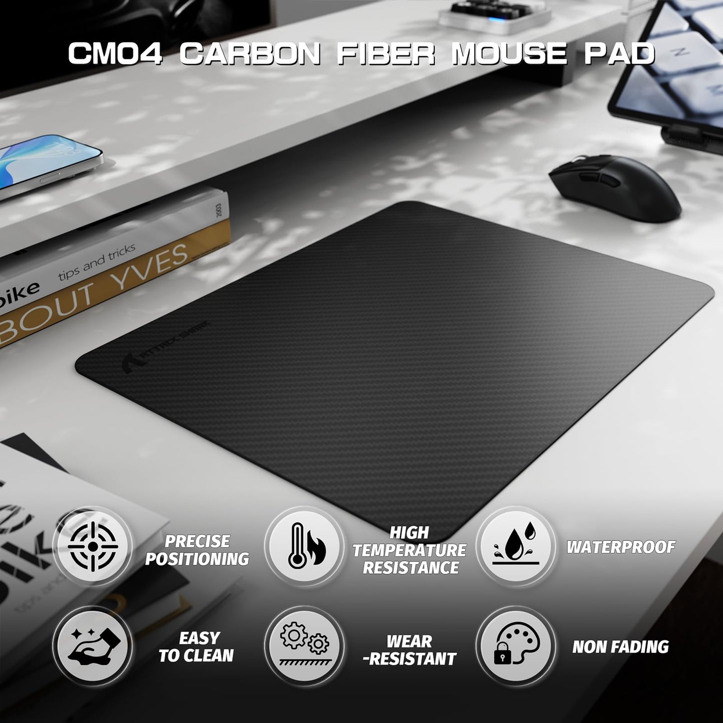 ATTACK SHARK CM04 Carbon Fiber Gaming Mouse Pad,Esports Mouse Mat G240,Durable Non-Slip Natural Rubber Base,High Temperature Resistant & Waterproof Desk Mat for Gamer/Desktop/Office/Home(360x280mm)